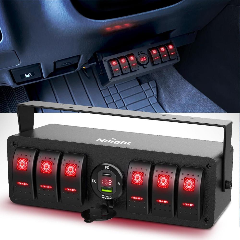 imageNilight 6 Gang Rocker Switch 12V SPST ON Off Switch QC 30 USB Charger Voltmeter Waterproof Aluminum Rocker Switch Panel Night Glow Stickers for Boats Cars RVs Trucks 2 Years WarrantyBlueType C USB Box 6Gang Switch Red