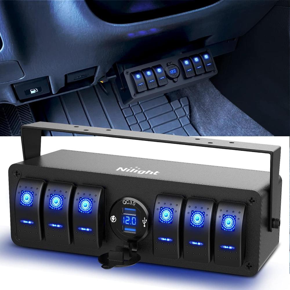 imageNilight 6 Gang Rocker Switch 12V SPST ON Off Switch QC 30 USB Charger Voltmeter Waterproof Aluminum Rocker Switch Panel Night Glow Stickers for Boats Cars RVs Trucks 2 Years WarrantyBlueDual USB Box 6Gang Switch Blue