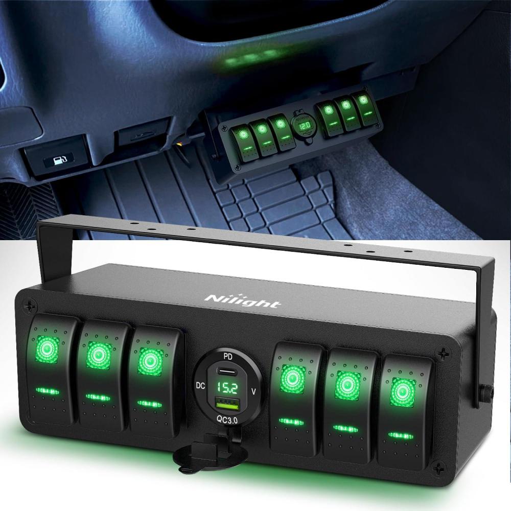 imageNilight 6 Gang Rocker Switch 12V SPST ON Off Switch QC 30 USB Charger Voltmeter Waterproof Aluminum Rocker Switch Panel Night Glow Stickers for Boats Cars RVs Trucks 2 Years WarrantyBlueType C USB Box 6Gang Switch Green
