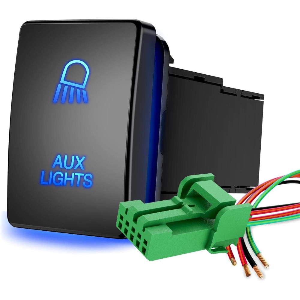 imageNilight Fog Lights Push Button Switch 12V ON Off Switch with Connector Wire Kit 128quot x 087quot Replacement for Toyota Sequoia Highlander Tacoma Tundra 4Runner RAVR Yaris 2 Years WarrantyBlackAUX LIGHTS