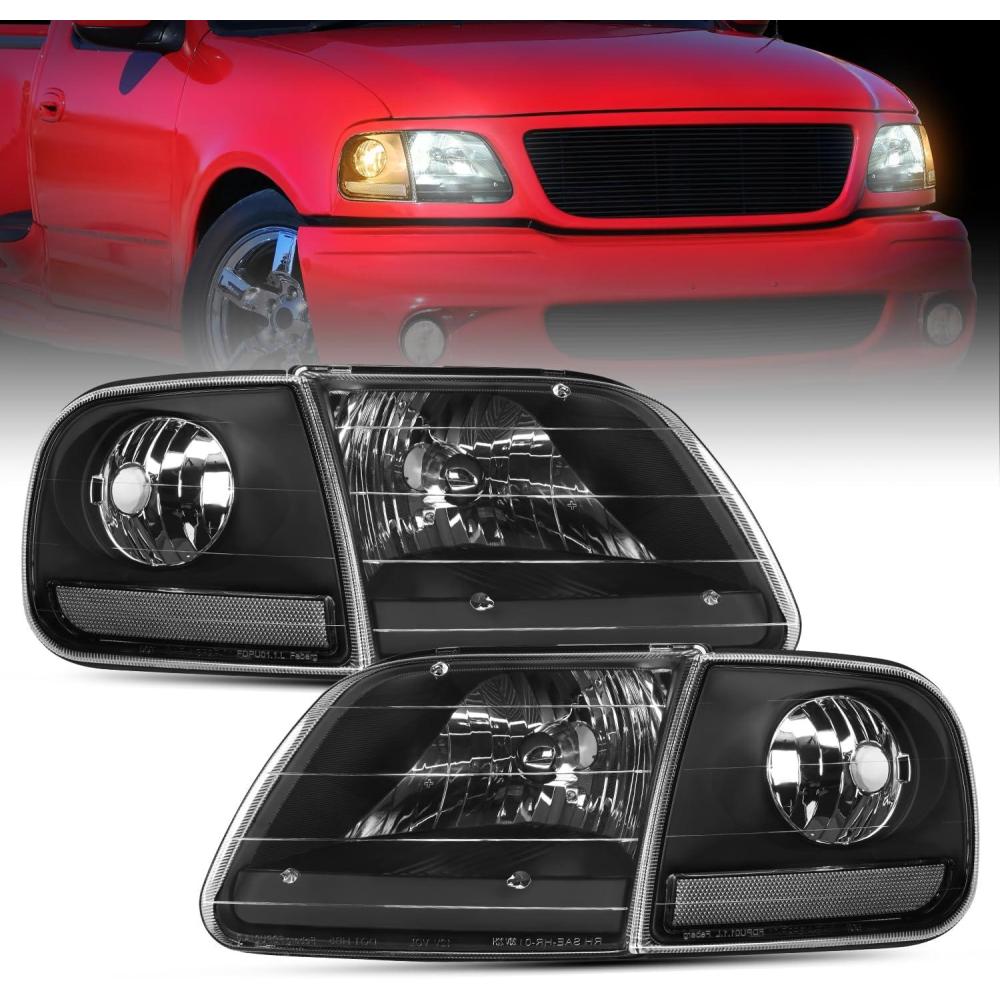 imageNilight Headlight Assembly 2005 2006 2007 F250 F350 F450 F550 Super Duty Black Housing Amber Corner Clear Lens 4 Pack Headlights Assembly ReplacementBlack Housing  Clear Reflector