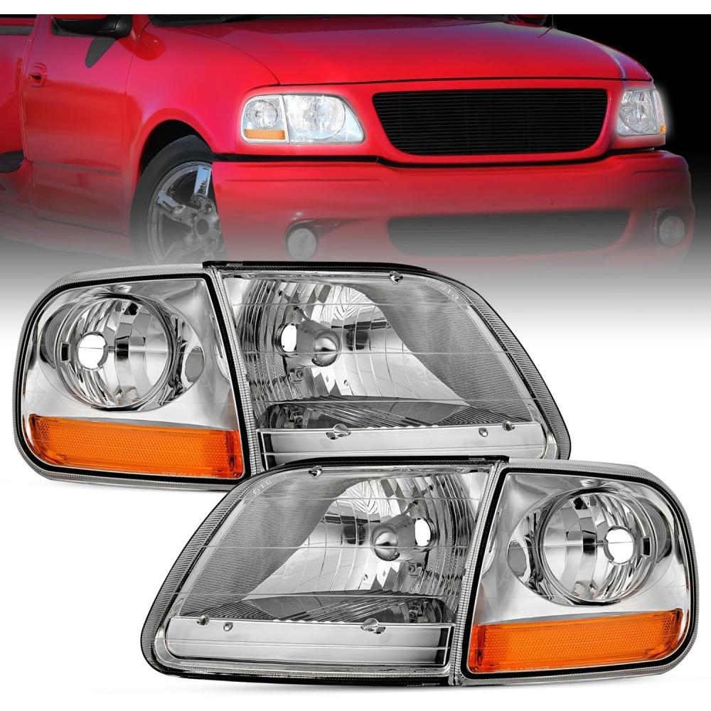 imageNilight Headlight Assembly 2005 2006 2007 F250 F350 F450 F550 Super Duty Black Housing Amber Corner Clear Lens 4 Pack Headlights Assembly ReplacementChrome Housing  Amber Reflector