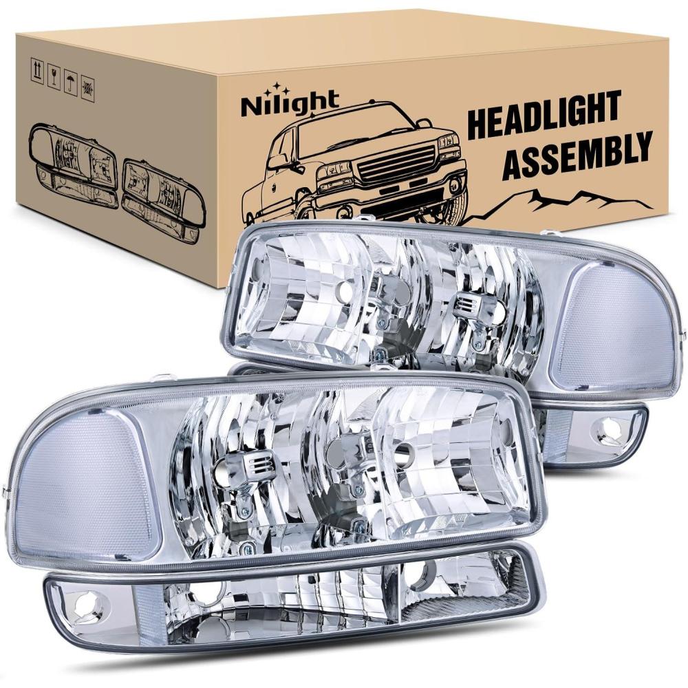 imageNilight Headlight Assembly Compatible for 1999 2000 2001 2002 2003 2004 2005 2006 GMC Sierra Yukon Smoke Bumper Light Chrome Housing Amber Corner Clear Lens Headlights Assembly ReplacementChrome Housing Clear Reflector