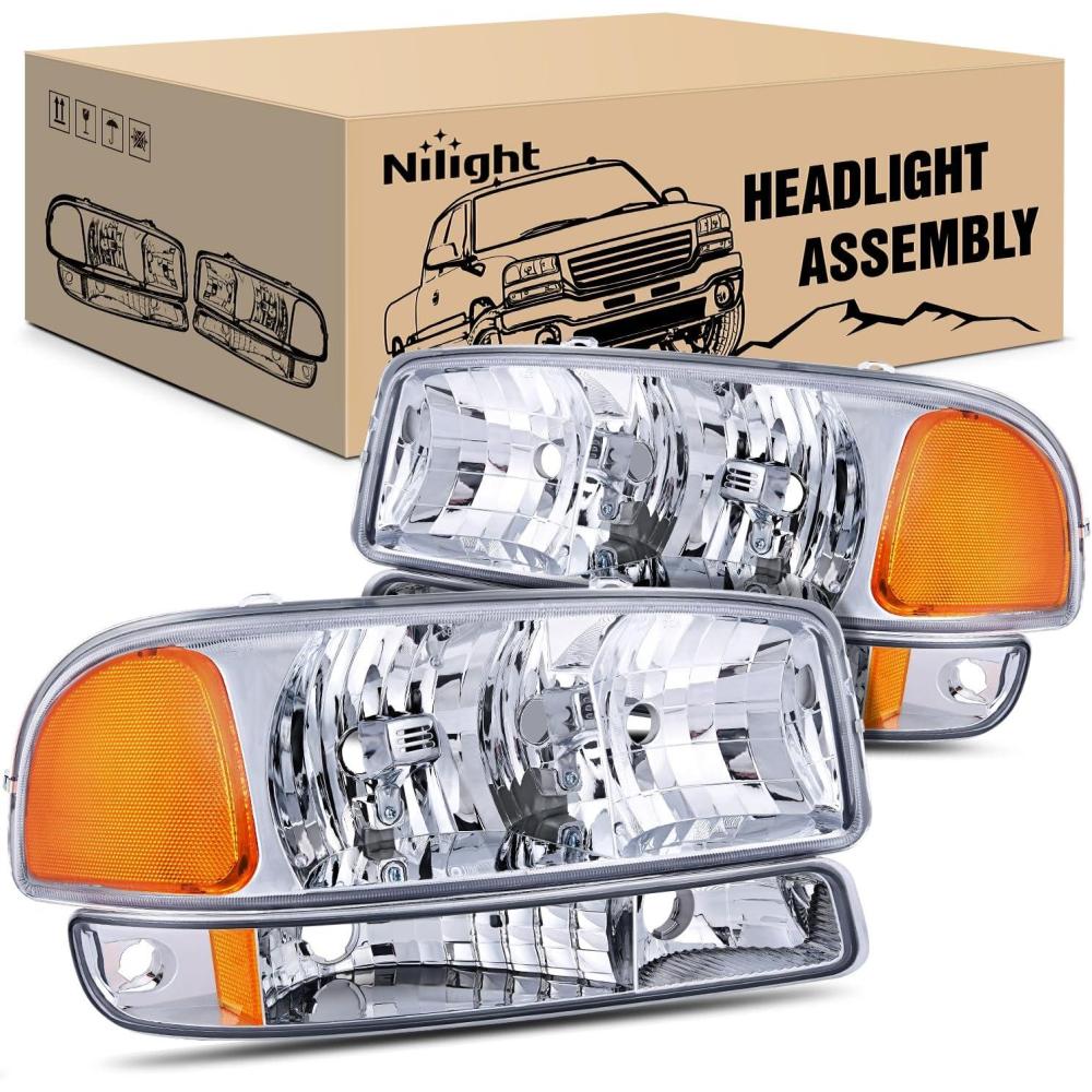 imageNilight Headlight Assembly Compatible for 1999 2000 2001 2002 2003 2004 2005 2006 GMC Sierra Yukon Smoke Bumper Light Chrome Housing Amber Corner Clear Lens Headlights Assembly ReplacementChrome Housing  Amber Reflector