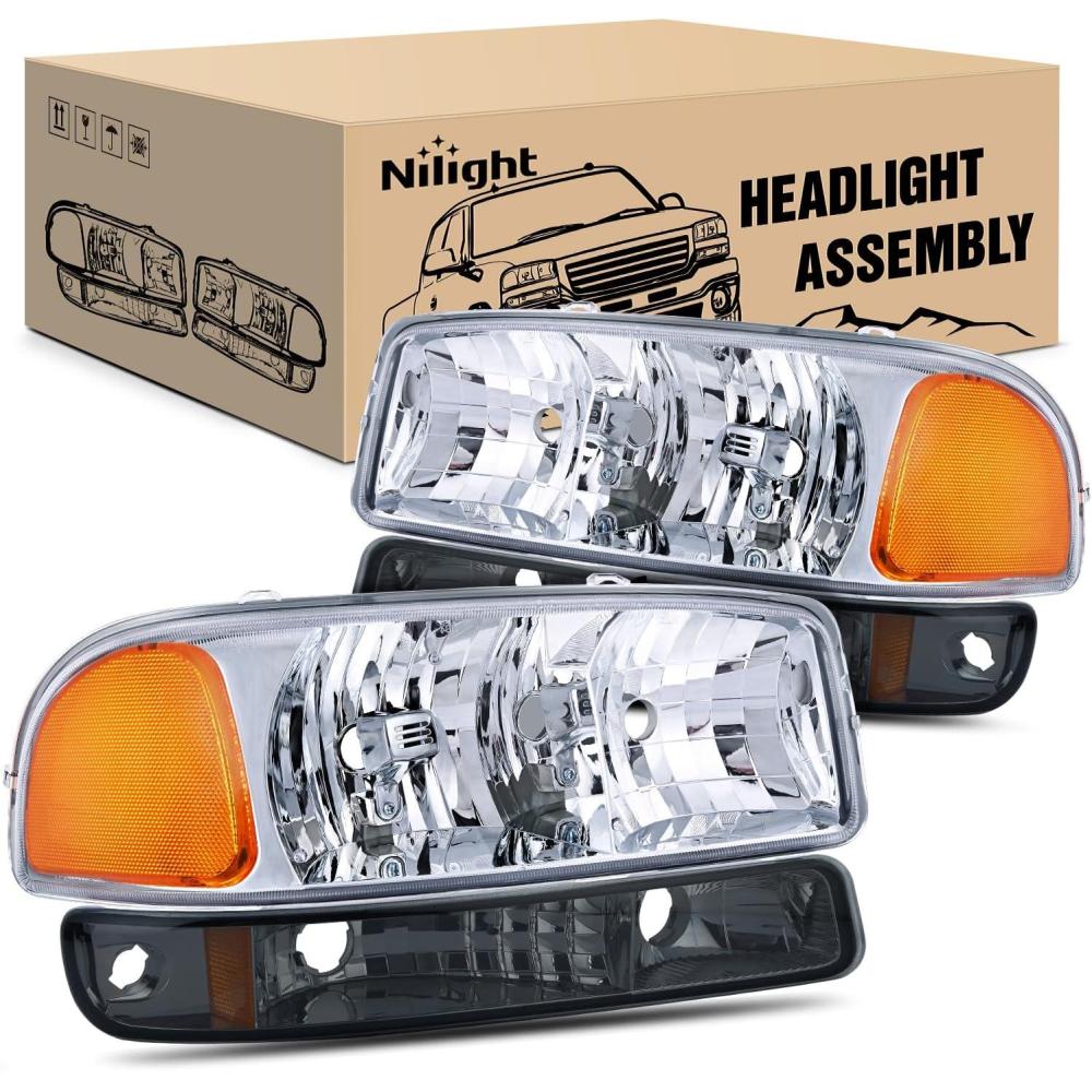 imageNilight Headlight Assembly Compatible for 1999 2000 2001 2002 2003 2004 2005 2006 GMC Sierra Yukon Smoke Bumper Light Chrome Housing Amber Corner Clear Lens Headlights Assembly ReplacementChrome Housing Amber Reflector Smoke Lens