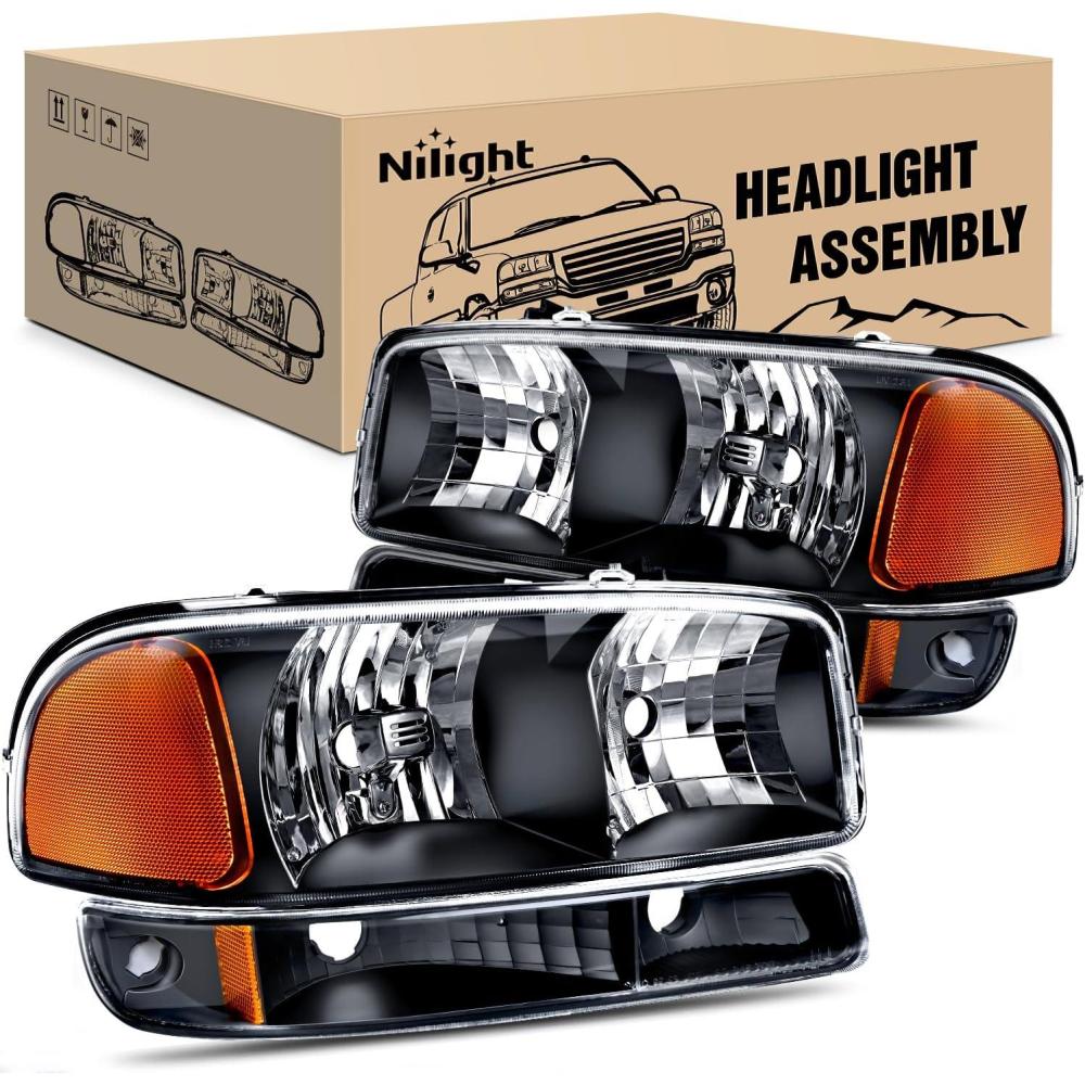 imageNilight Headlight Assembly Compatible for 1999 2000 2001 2002 2003 2004 2005 2006 GMC Sierra Yukon Smoke Bumper Light Chrome Housing Amber Corner Clear Lens Headlights Assembly ReplacementBlack Housing  Amber Reflector