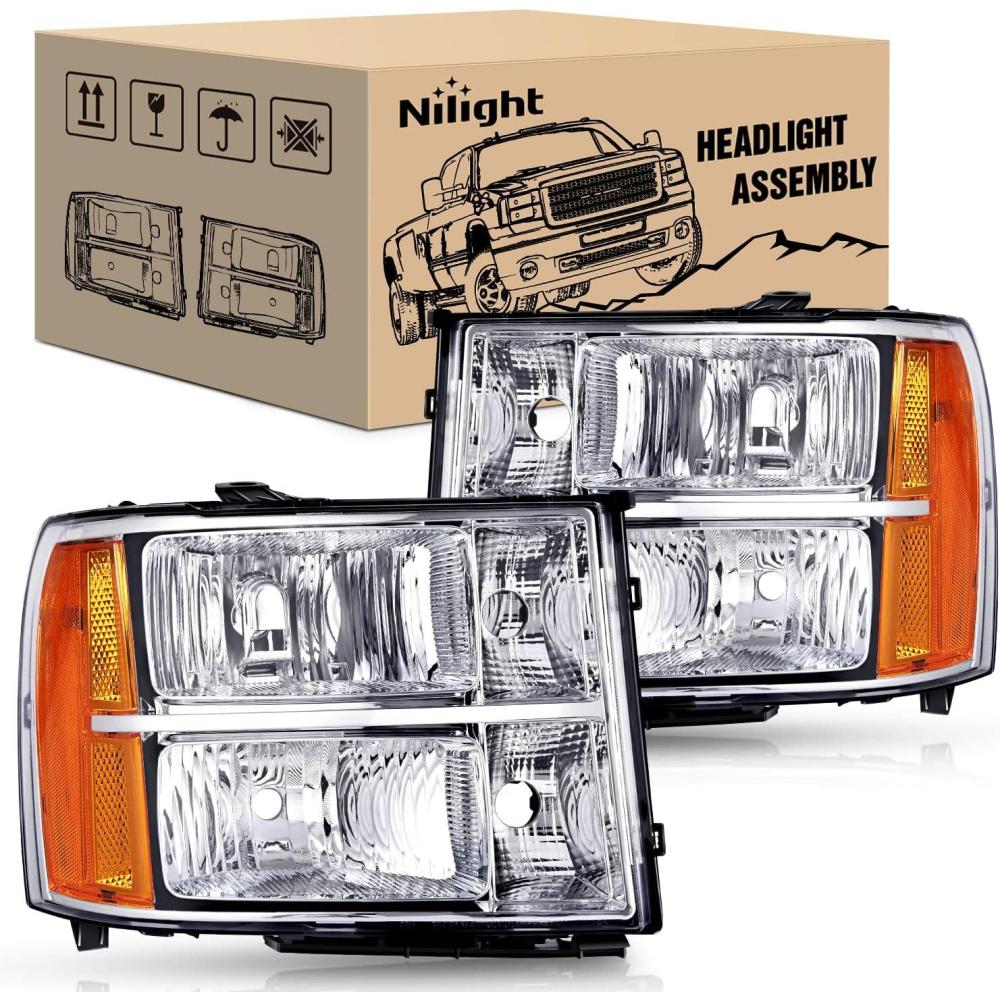 imageNilight Headlight Assembly Compatible for 2007 20082013 GMC Sierra 1500 20082014 GMC Sierra 2500 HD 3500 HD Chrome Housing Amber Corner Clear Lens Headlights Assembly ReplacementChrome Housing  Amber Reflector