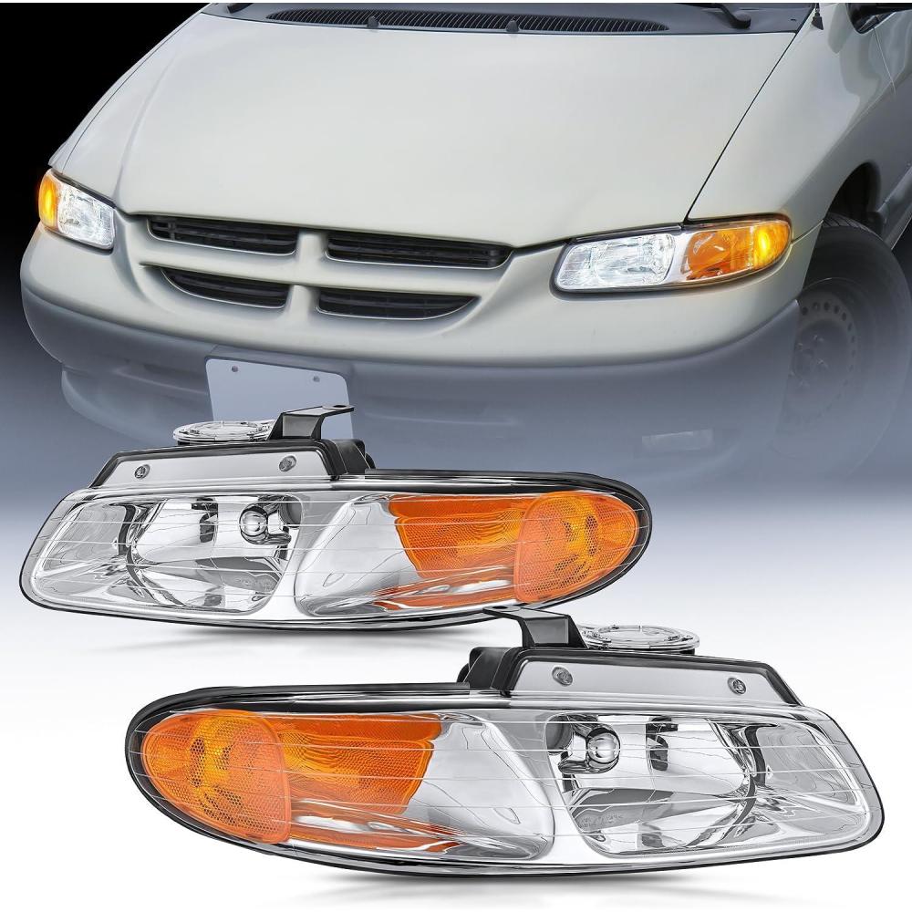 imageNilight Headlight Assembly Compatible with 1996 1997 1998 1999 Chrysler Town ampamp Country Dodge Grand Caravan Plymouth Grand Voyager Replacement Headlamp Chrome Housing Amber ReflectorChrome Housing  Amber Reflector