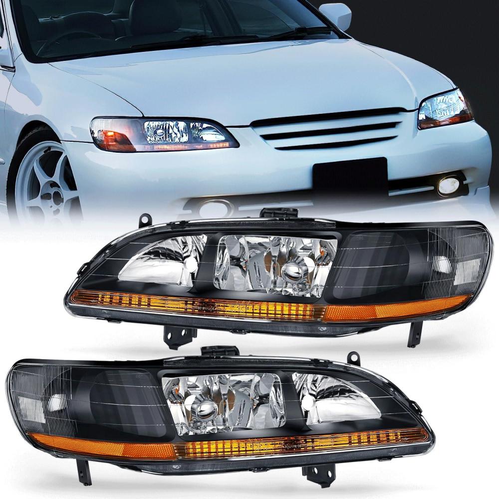 imageNilight Headlight Assembly Compatible with 1998 1999 2000 2001 2002 Honda Accord Headlamps Replacement Black Housing Amber Reflector Upgraded Clear Lens Driver and Passenger SideBlack Housing Amber Reflector