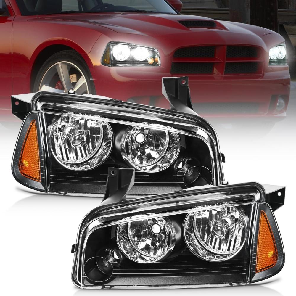 imageNilight Headlight Assembly Compatible with 2006 2007 2008 2009 2010 Dodge Charger Black Housing Amber Reflector Clear Lens Headlights Replacement Bumper Lamp Set Driver and Passenger SideBlack Housing  Amber Reflector