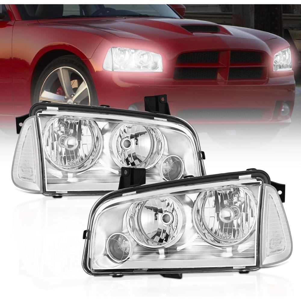imageNilight Headlight Assembly Compatible with 2006 2007 2008 2009 2010 Dodge Charger Black Housing Amber Reflector Clear Lens Headlights Replacement Bumper Lamp Set Driver and Passenger SideChrome Housing Clear Reflector
