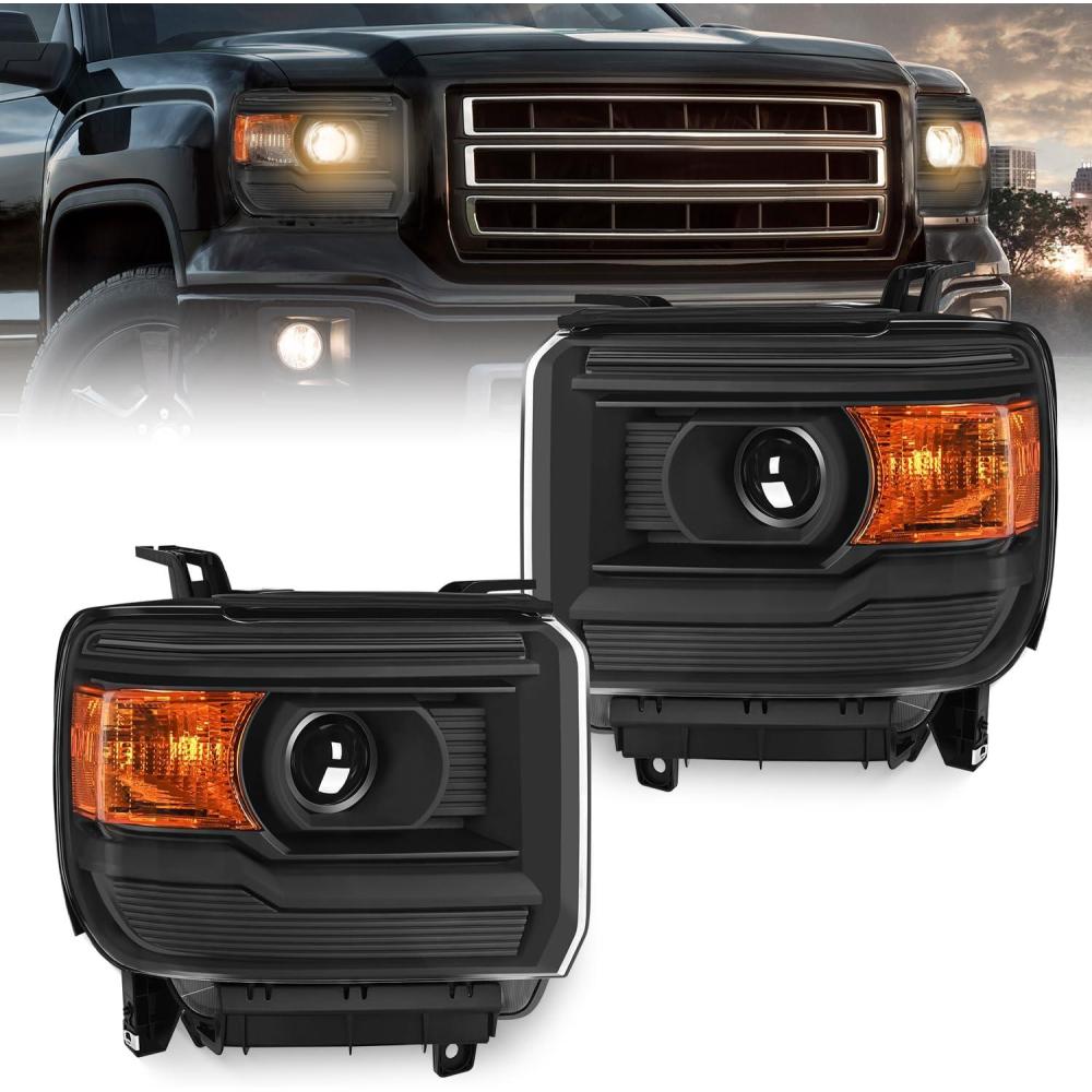 imageNilight Headlight Assembly Compatible with 2014 2015 2016 2017 2018 GMC Sierra 1500 2500HD 3500HD Base Black Housing Amber Reflector Clear Lens Headlights ReplacementBlack Housing Amber Reflector