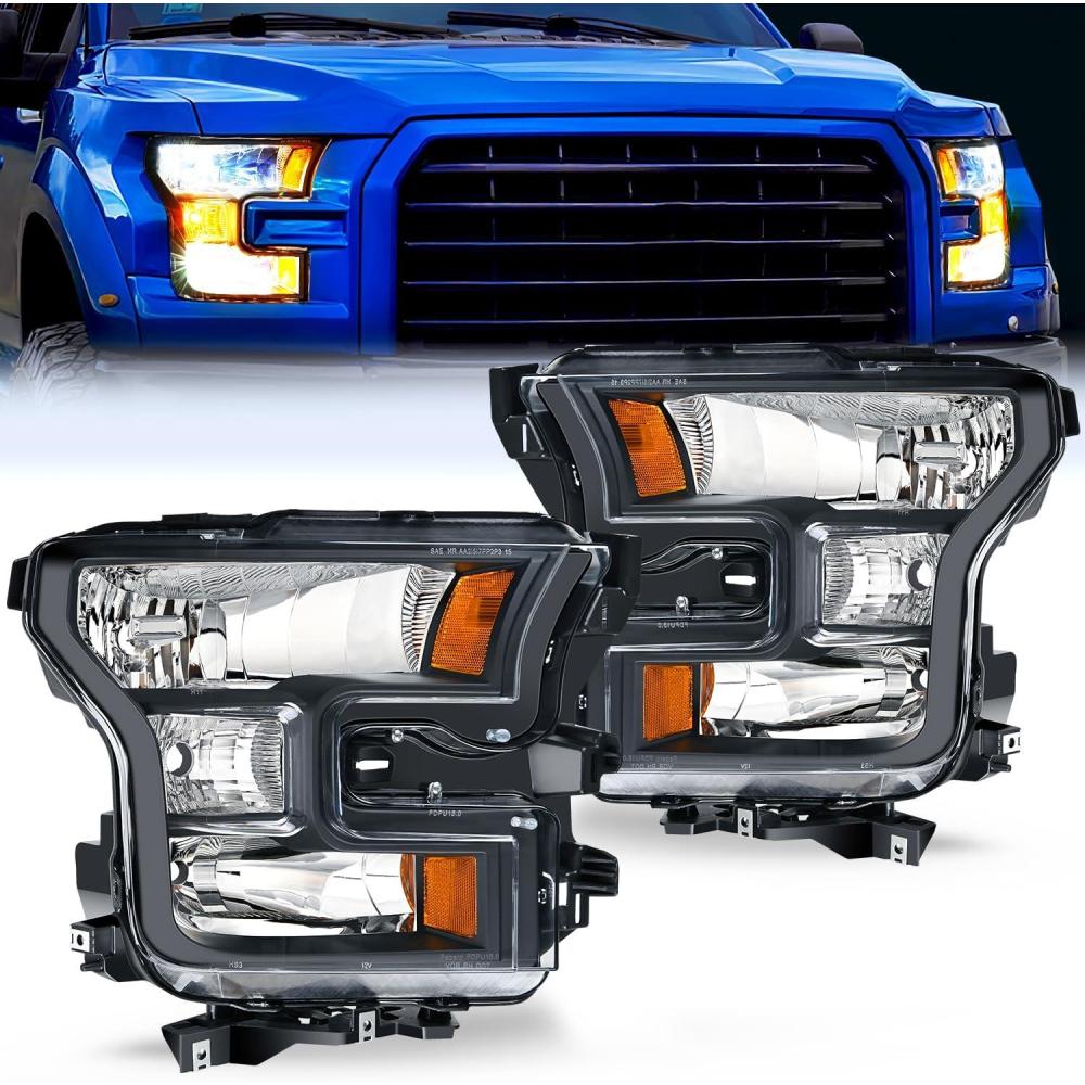 imageNilight Headlight Assembly Compatible with 2015 2016 2017 Ford F150 Headlamps Replacement Black Housing Amber Reflector Upgraded Clear Lens Driver and Passenger SideBlack Housing Amber Reflector