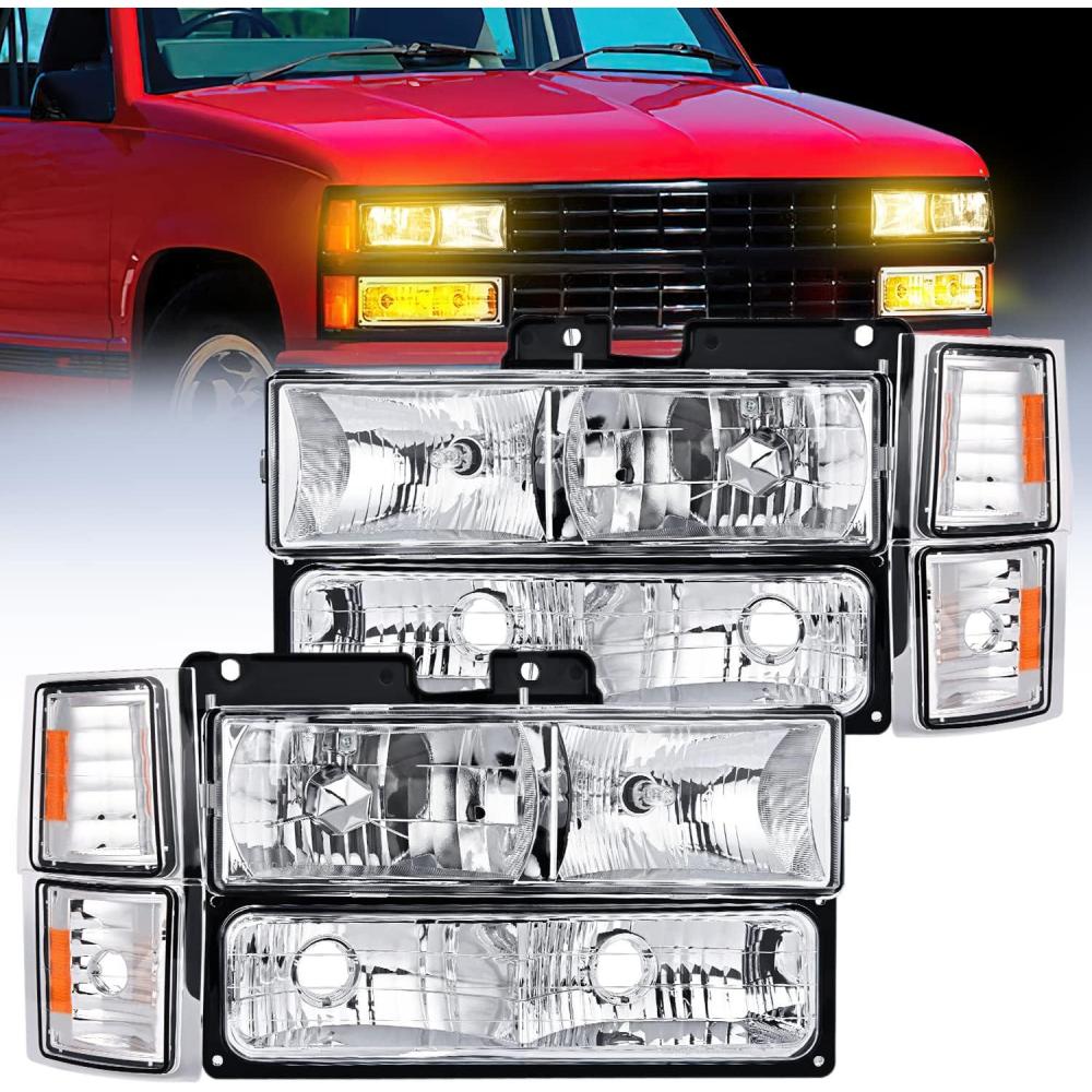 imageNilight Headlight Assembly for 1994 1995 1996 1997 1998 GMC C10 Sierra Yukon Chevy Suburban Replacement Headlamp Chrome Housing Smoke Reflector Bumper Corner LampChrome Housing Amber Reflector