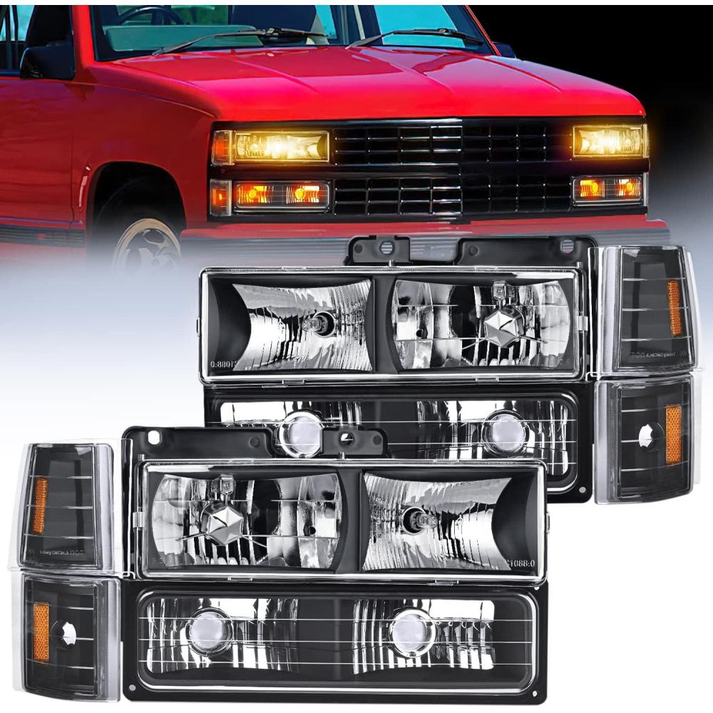 imageNilight Headlight Assembly for 1994 1995 1996 1997 1998 GMC C10 Sierra Yukon Chevy Suburban Replacement Headlamp Chrome Housing Smoke Reflector Bumper Corner LampBlack Housing Amber Reflector