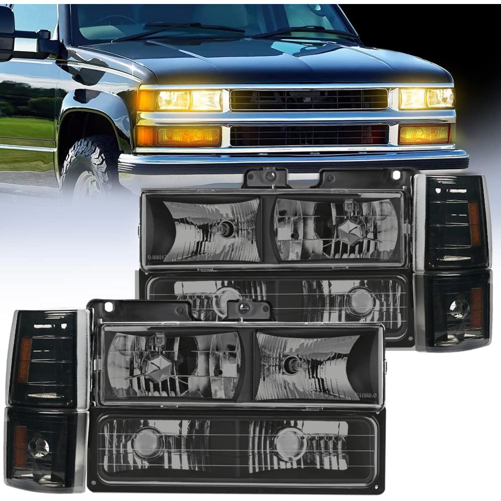 imageNilight Headlight Assembly for 1994 1995 1996 1997 1998 GMC C10 Sierra Yukon Chevy Suburban Replacement Headlamp Chrome Housing Smoke Reflector Bumper Corner LampSmoke Black Housing Amber Reflector