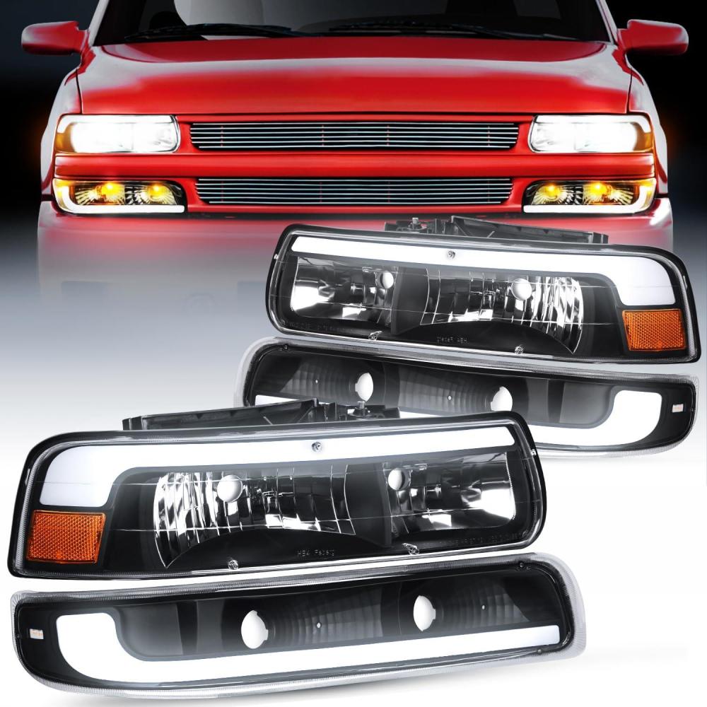 imageNilight Headlight Assembly for 1999 2000 2001 2002 Chevy Silverado Avalanche 1500 1500HD 2500 2500HD 3500 Chevrolet Tahoe Suburban Replacement Headlamp Housing Bumper Lights SetBlack Housing Amber Reflector DRL