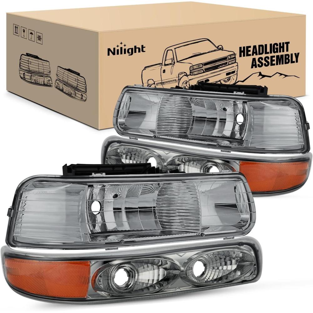 imageNilight Headlight Assembly for 1999 2000 2001 2002 Chevy Silverado Avalanche 1500 1500HD 2500 2500HD 3500 Chevrolet Tahoe Suburban Replacement Headlamp Housing Bumper Lights SetSmoke Housing Amber Reflector