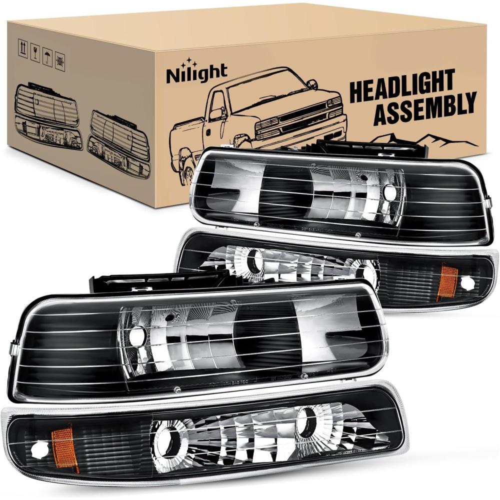 imageNilight Headlight Assembly for 1999 2000 2001 2002 Chevy Silverado Avalanche 1500 1500HD 2500 2500HD 3500 Chevrolet Tahoe Suburban Replacement Headlamp Housing Bumper Lights SetBlack Housing Amber Reflector