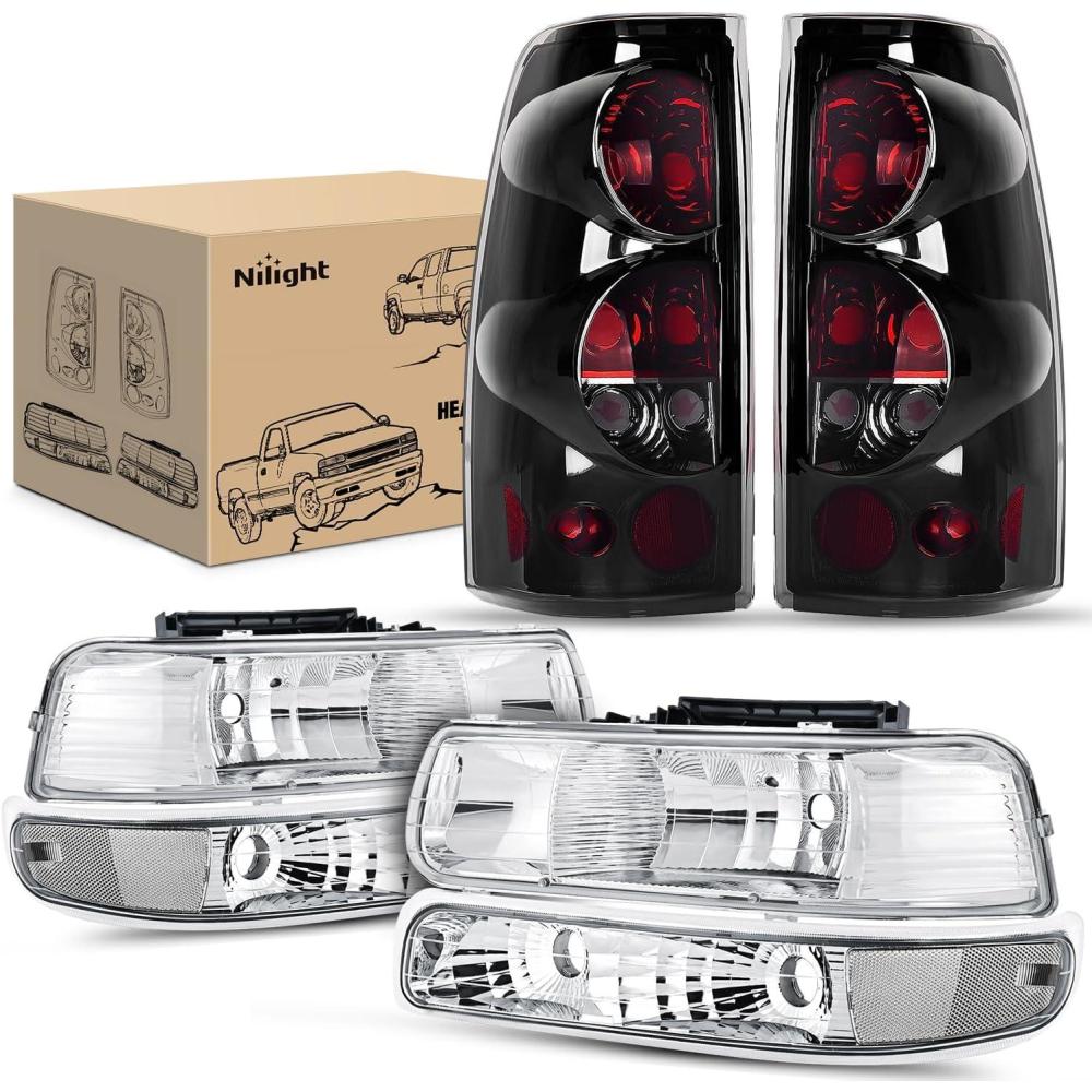 imageNilight Headlight Assembly for 1999 2000 2001 2002 Chevy Silverado Avalanche 1500 1500HD 2500 2500HD 3500 Chevrolet Tahoe Suburban Replacement Headlamp Housing Bumper Lights SetChrome Housing Clear Reflector