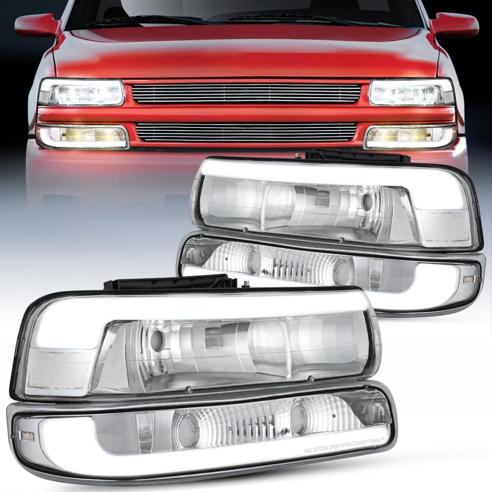 imageNilight Headlight Assembly for 1999 2000 2001 2002 Chevy Silverado Avalanche 1500 1500HD 2500 2500HD 3500 Chevrolet Tahoe Suburban Replacement Headlamp Housing Bumper Lights SetWhite Chrome Housing Clear Reflector DRL