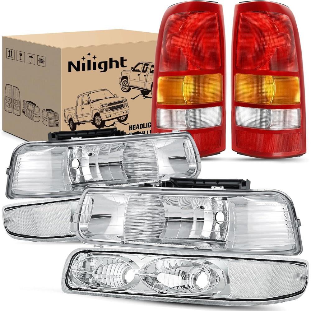 imageNilight Headlight Assembly for 1999 2000 2001 2002 Chevy Silverado Avalanche 1500 1500HD 2500 2500HD 3500 Chevrolet Tahoe Suburban Replacement Headlamp Housing Bumper Lights SetGrey Chrome Housing  Clear Reflector wTailight