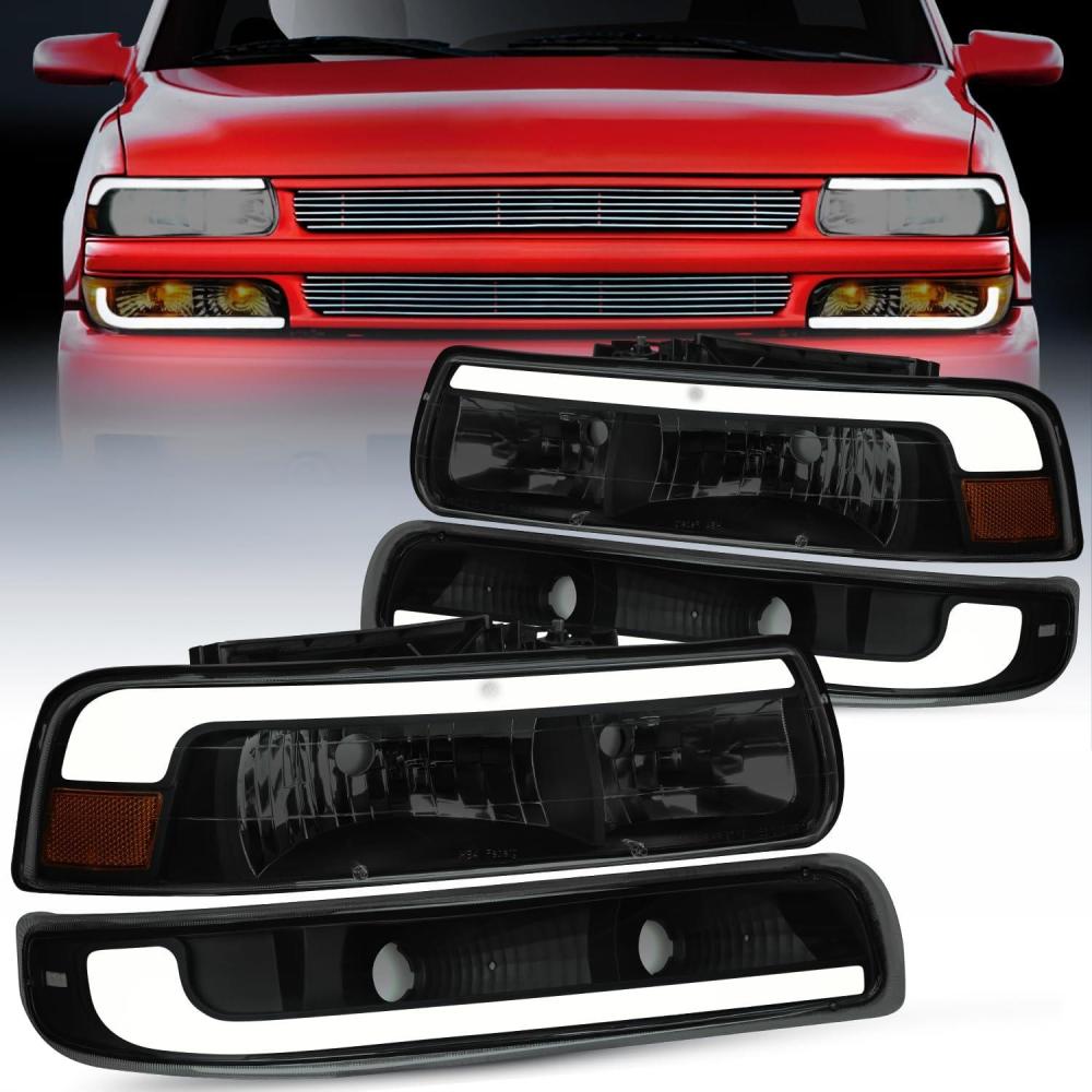 imageNilight Headlight Assembly for 1999 2000 2001 2002 Chevy Silverado Avalanche 1500 1500HD 2500 2500HD 3500 Chevrolet Tahoe Suburban Replacement Headlamp Housing Bumper Lights SetSmoke Housing Amber Reflector DRL