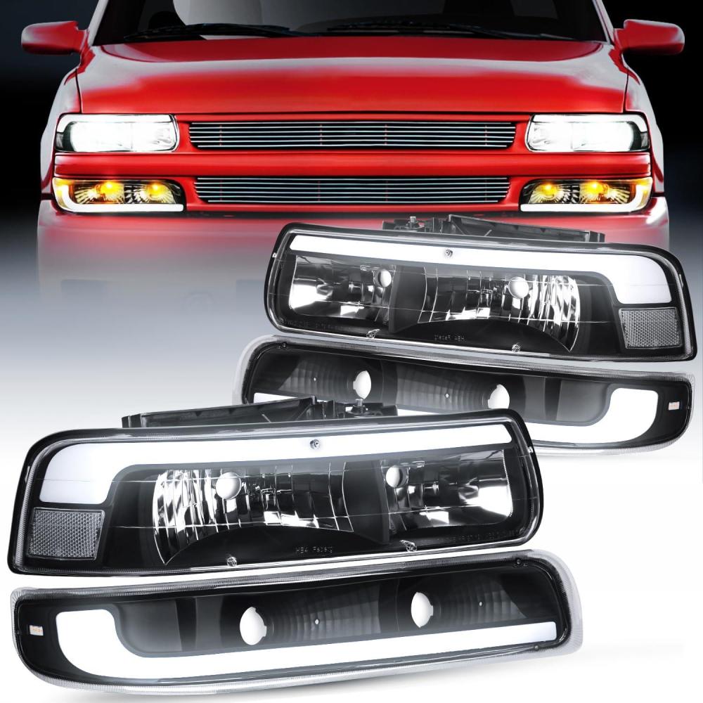 imageNilight Headlight Assembly for 1999 2000 2001 2002 Chevy Silverado Avalanche 1500 1500HD 2500 2500HD 3500 Chevrolet Tahoe Suburban Replacement Headlamp Housing Bumper Lights SetBlack Housing Clear Reflector DRL