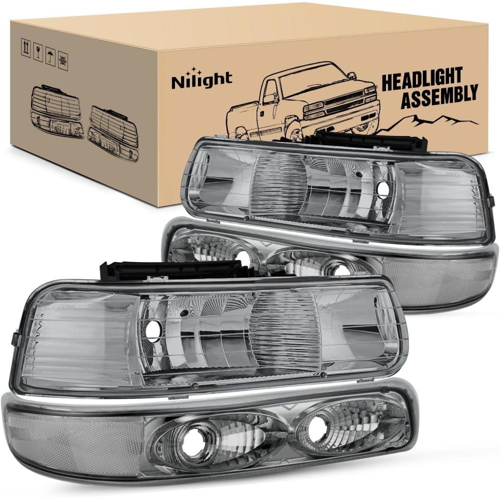 imageNilight Headlight Assembly for 1999 2000 2001 2002 Chevy Silverado Avalanche 1500 1500HD 2500 2500HD 3500 Chevrolet Tahoe Suburban Replacement Headlamp Housing Bumper Lights SetSmoke Housing Clear Reflector