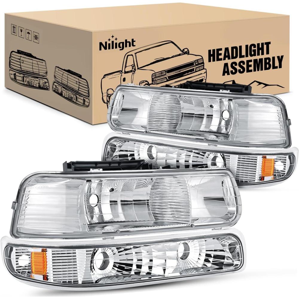 imageNilight Headlight Assembly for 1999 2000 2001 2002 Chevy Silverado Avalanche 1500 1500HD 2500 2500HD 3500 Chevrolet Tahoe Suburban Replacement Headlamp Housing Bumper Lights SetSilver Chrome HousingAmber Reflector