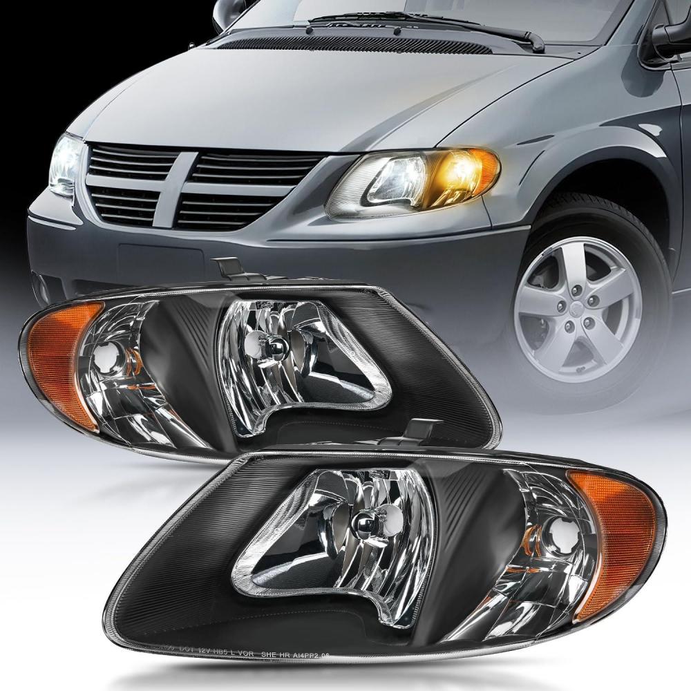 imageNilight Headlight Assembly for 2001 2002 2003 2004 2005 2006 2007 Chrysler Town ampamp Country 20012003 Voyager 20012007 Dodge Grand Caravan Replacement Chrome Housing Amber ReflectorBlack Housing Amber Reflector