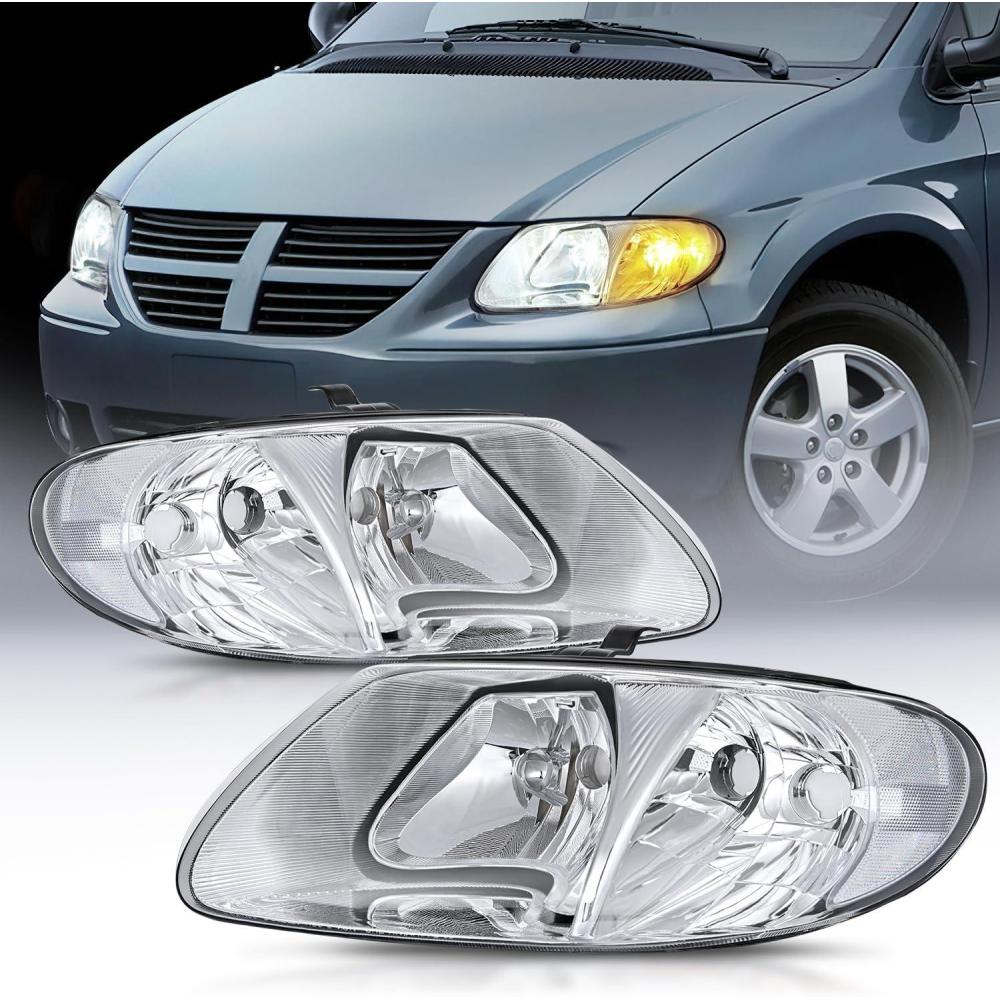 imageNilight Headlight Assembly for 2001 2002 2003 2004 2005 2006 2007 Chrysler Town ampamp Country 20012003 Voyager 20012007 Dodge Grand Caravan Replacement Chrome Housing Amber ReflectorChrome Housing Clear Reflector