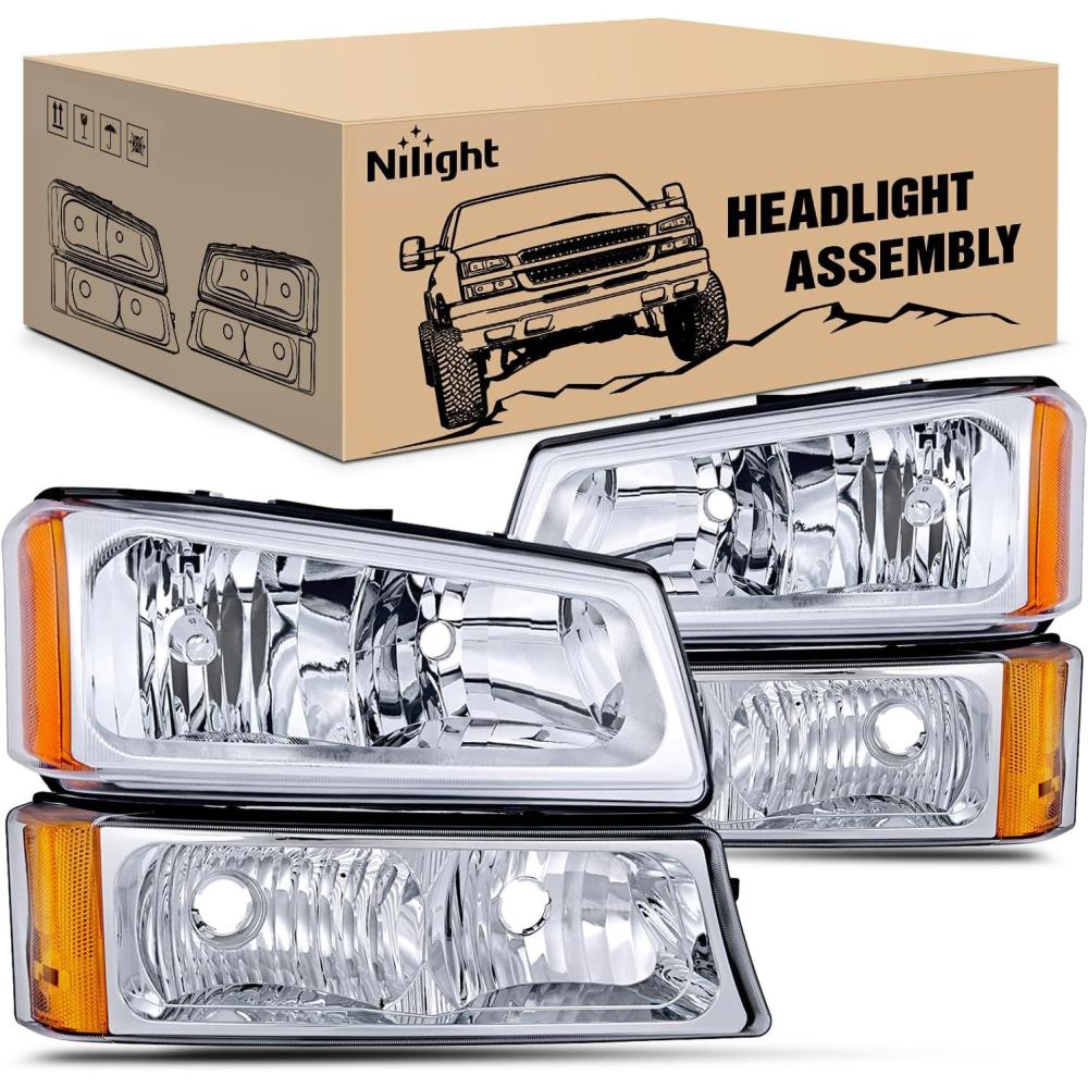 imageNilight Headlight Assembly for 2003 2004 2005 2006 Chevy Silverado Avalanche 1500 1500HD 2500 2500HD 3500 Chevrolet Pickup Replacement Headlamp Housing Bumper Lamp SetChrome Housing  Amber Reflector