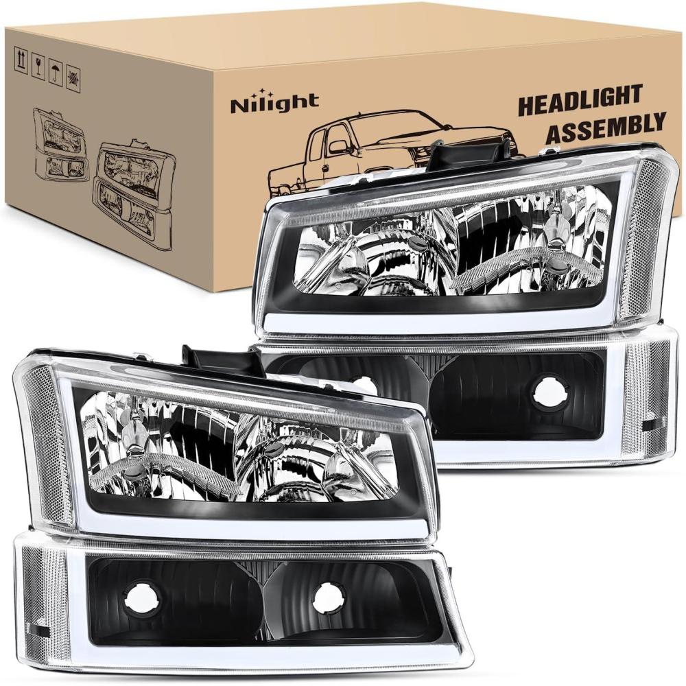 imageNilight Headlight Assembly for 2003 2004 2005 2006 Chevy Silverado Avalanche 1500 1500HD 2500 2500HD 3500 Chevrolet Pickup Replacement Headlamp Housing Bumper Lamp SetBlack Housing  Clear Reflector DRL