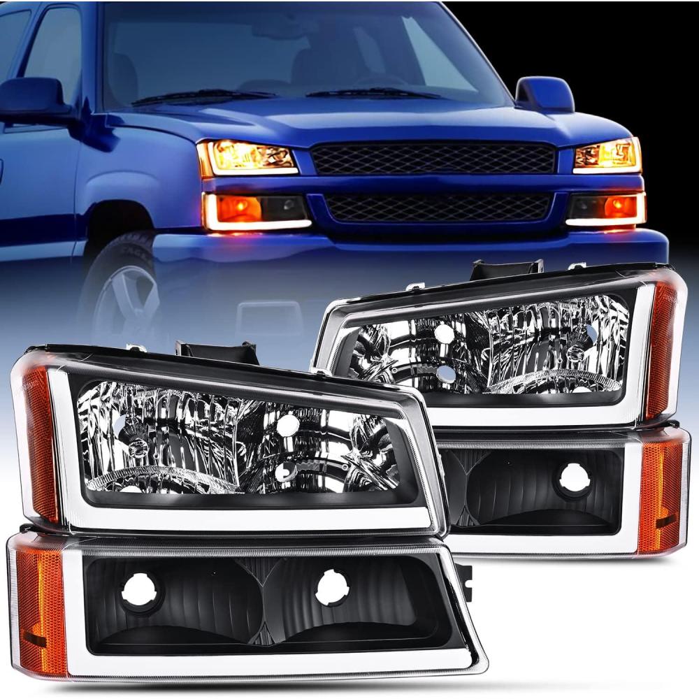 imageNilight Headlight Assembly for 2003 2004 2005 2006 Chevy Silverado Avalanche 1500 1500HD 2500 2500HD 3500 Chevrolet Pickup Replacement Headlamp Housing Bumper Lamp SetBlack Housing  Amber Reflector DRL