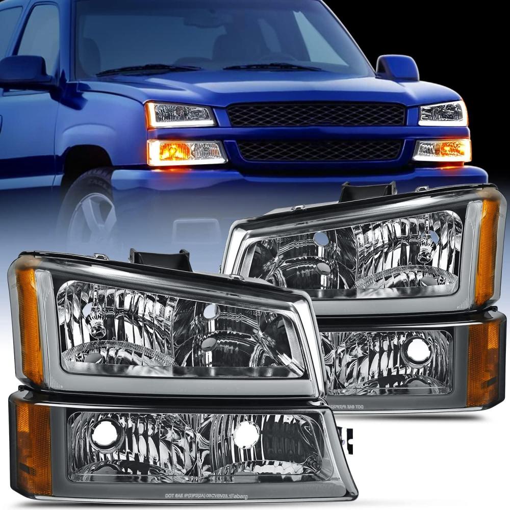 imageNilight Headlight Assembly for 2003 2004 2005 2006 Chevy Silverado Avalanche 1500 1500HD 2500 2500HD 3500 Chevrolet Pickup Replacement Headlamp Housing Bumper Lamp SetSmoke Chrome Housing  Amber Reflector DRL