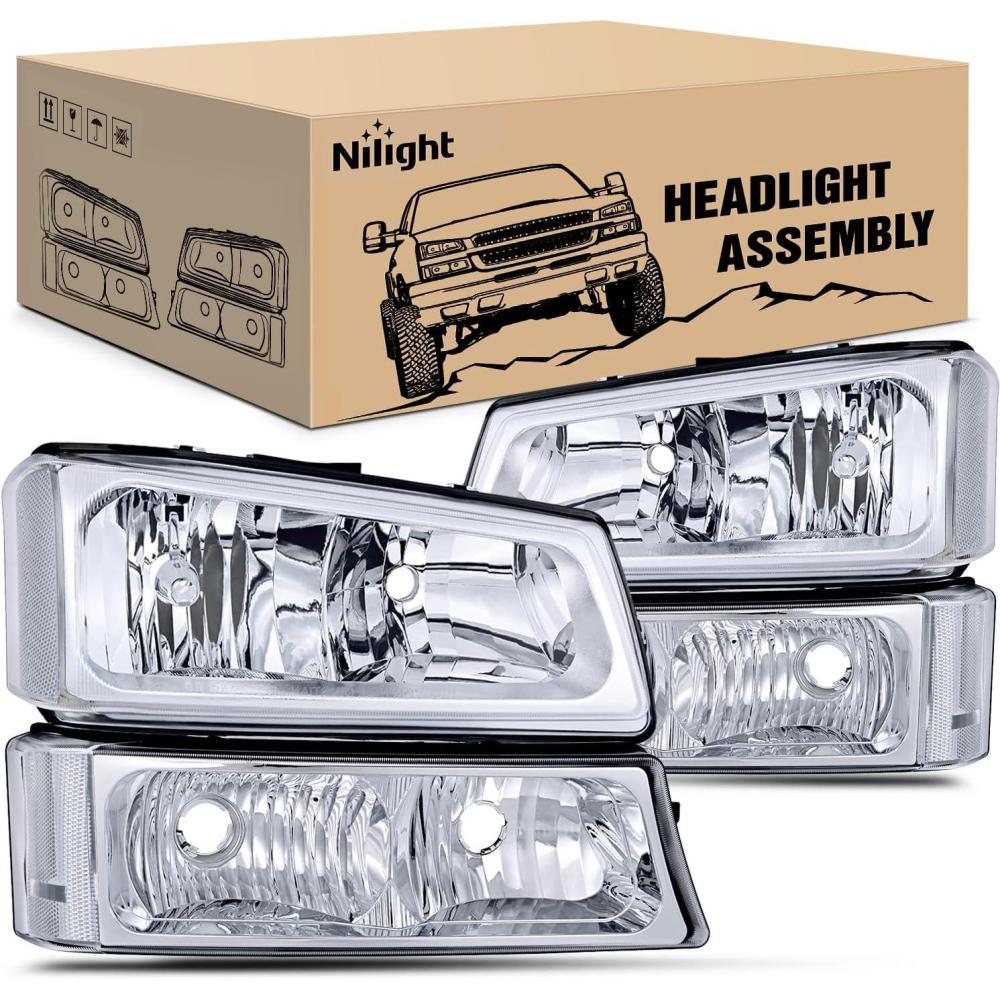 imageNilight Headlight Assembly for 2003 2004 2005 2006 Chevy Silverado Avalanche 1500 1500HD 2500 2500HD 3500 Chevrolet Pickup Replacement Headlamp Housing Bumper Lamp SetChrome Housing Clear Reflector