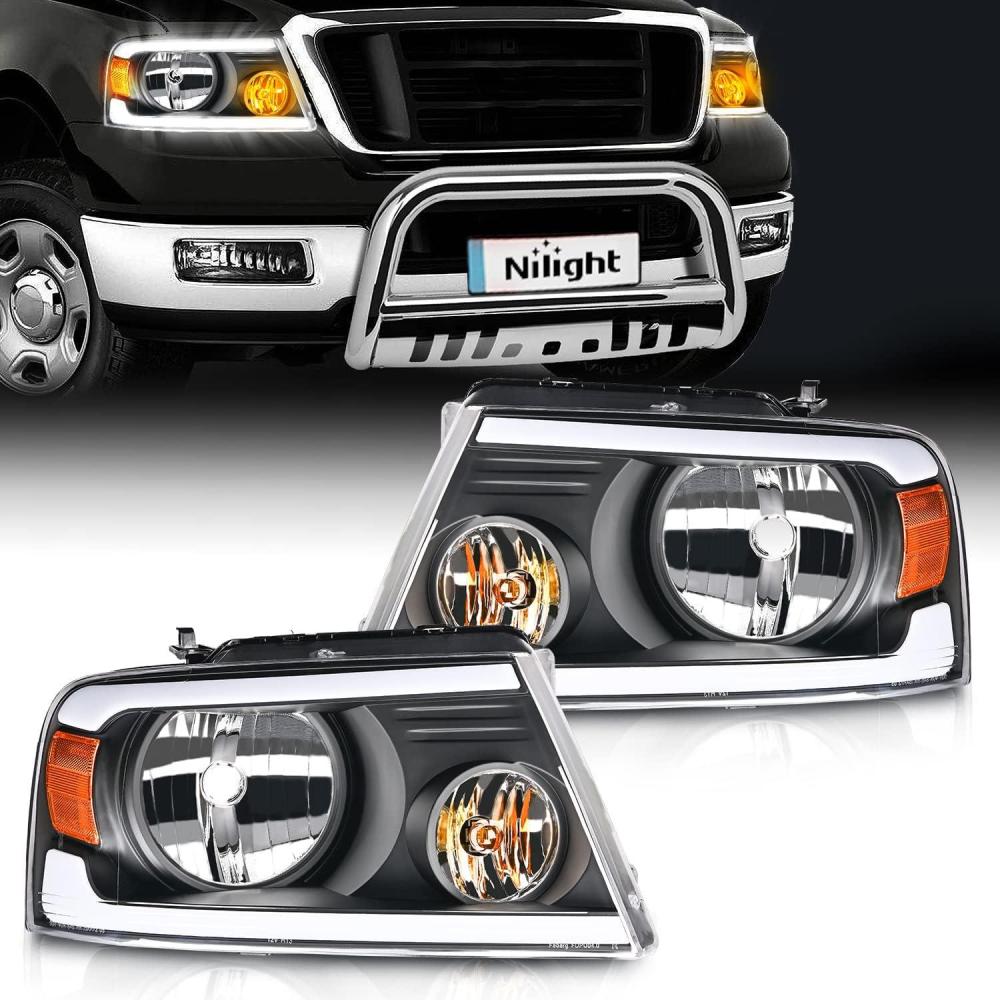 imageNilight Headlight Assembly for 2004 2005 2006 2007 2008 Ford F150 Pickup 20062008 Lincoln Mark LT Passenger Driver Side Black Housing Clear Reflector Lens Headlamp ReplacementBlack Housing Amber Reflector DRL