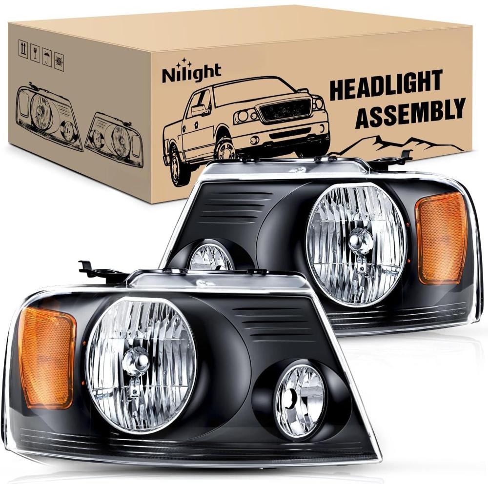 imageNilight Headlight Assembly for 2004 2005 2006 2007 2008 Ford F150 Pickup 20062008 Lincoln Mark LT Passenger Driver Side Black Housing Clear Reflector Lens Headlamp ReplacementBlack Housing Amber Reflector