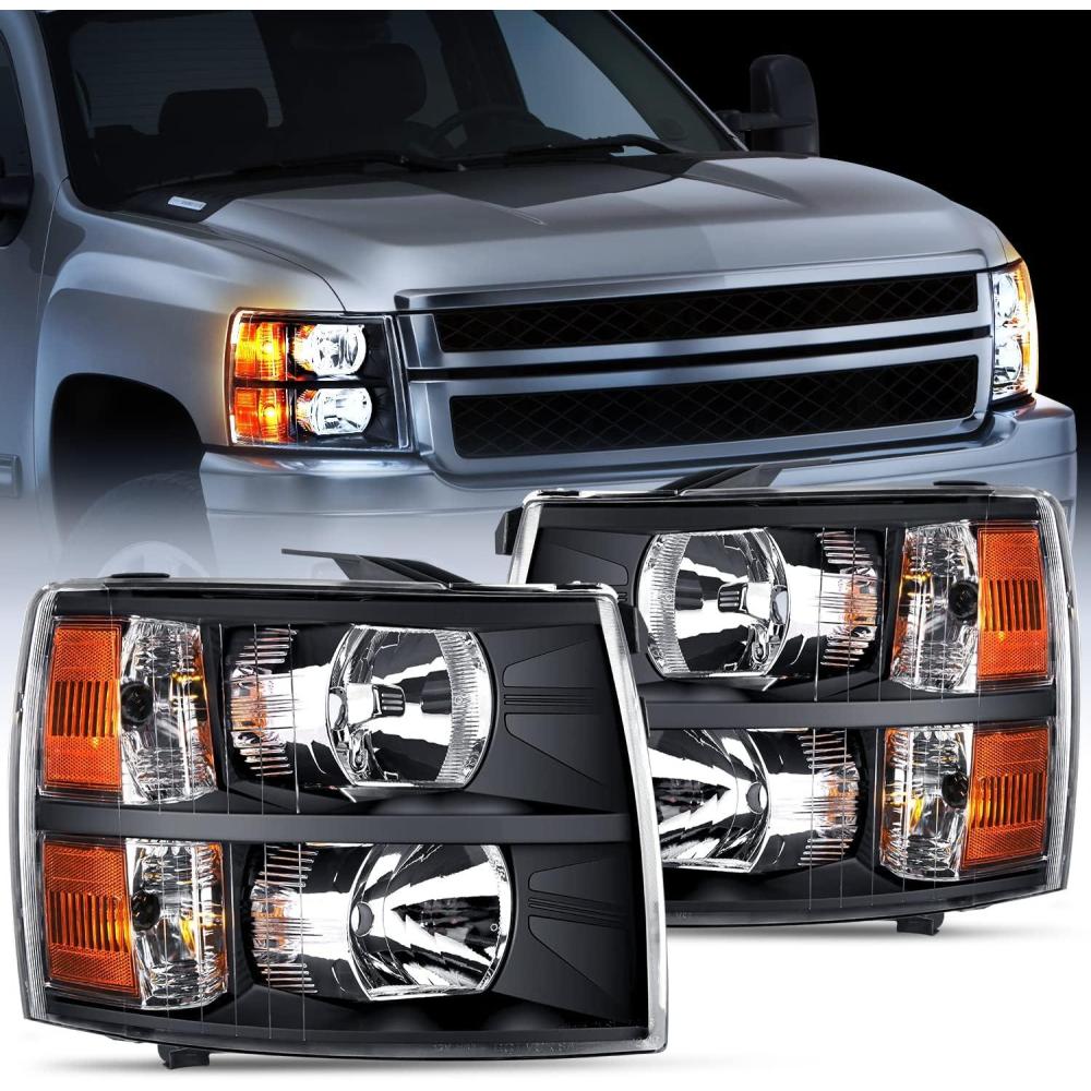 imageNilight Headlight Assembly for 2007 2008 2009 2010 2011 2012 2013 Silverado 1500 20072014 Silverado 2500HD 3500HD Replacement Headlamp Black Housing Clear ReflectorBlack Housing  Amber Reflector