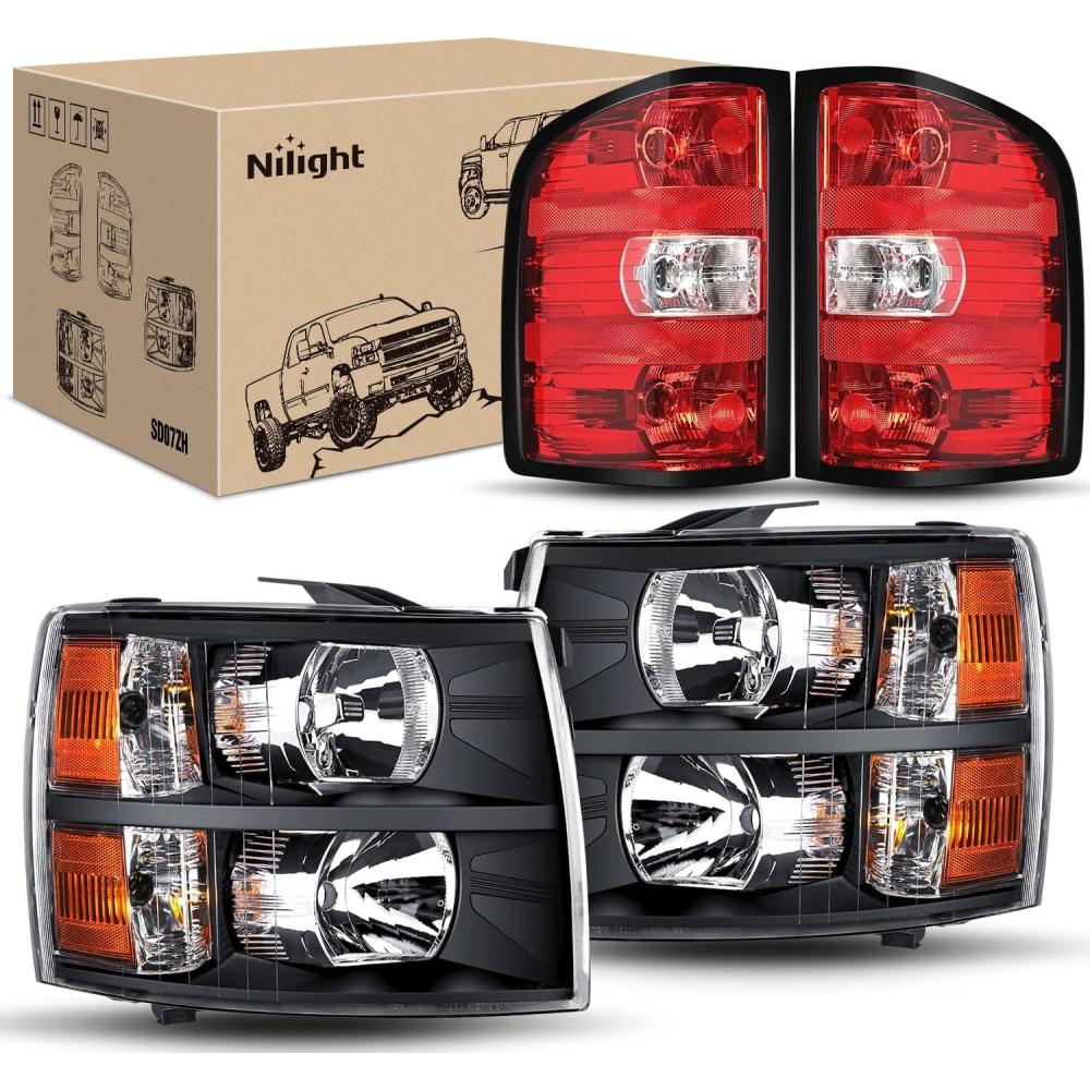 imageNilight Headlight Assembly for 2007 2008 2009 2010 2011 2012 2013 Silverado 1500 20072014 Silverado 2500HD 3500HD Replacement Headlamp Black Housing Clear ReflectorBlack Housing  Amber Reflector wTailight