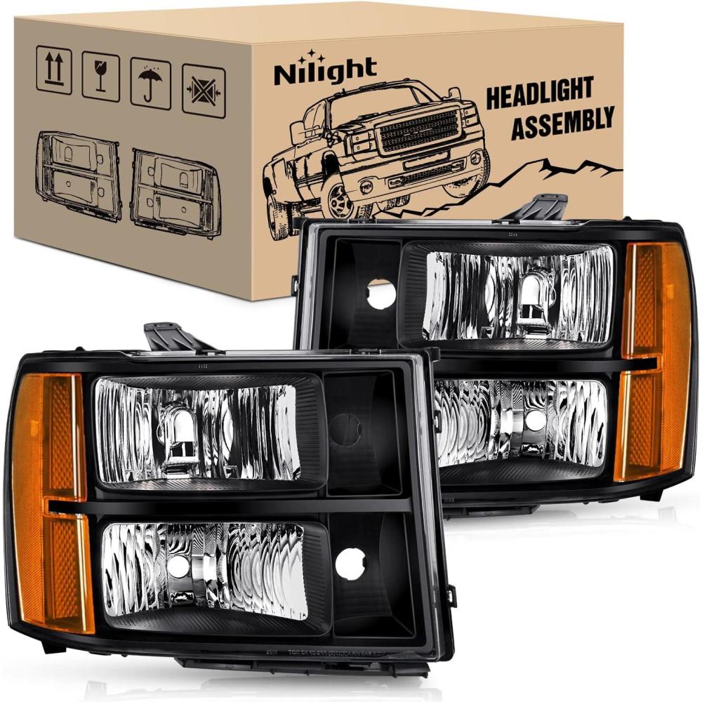 imageNilight Headlight Assembly for 20072014 GMC Sierra 1500 2500 3500 HD  Black Housing Amber Corner Clear Lens  Replacement HeadlightsBlack Housing  Amber Reflector