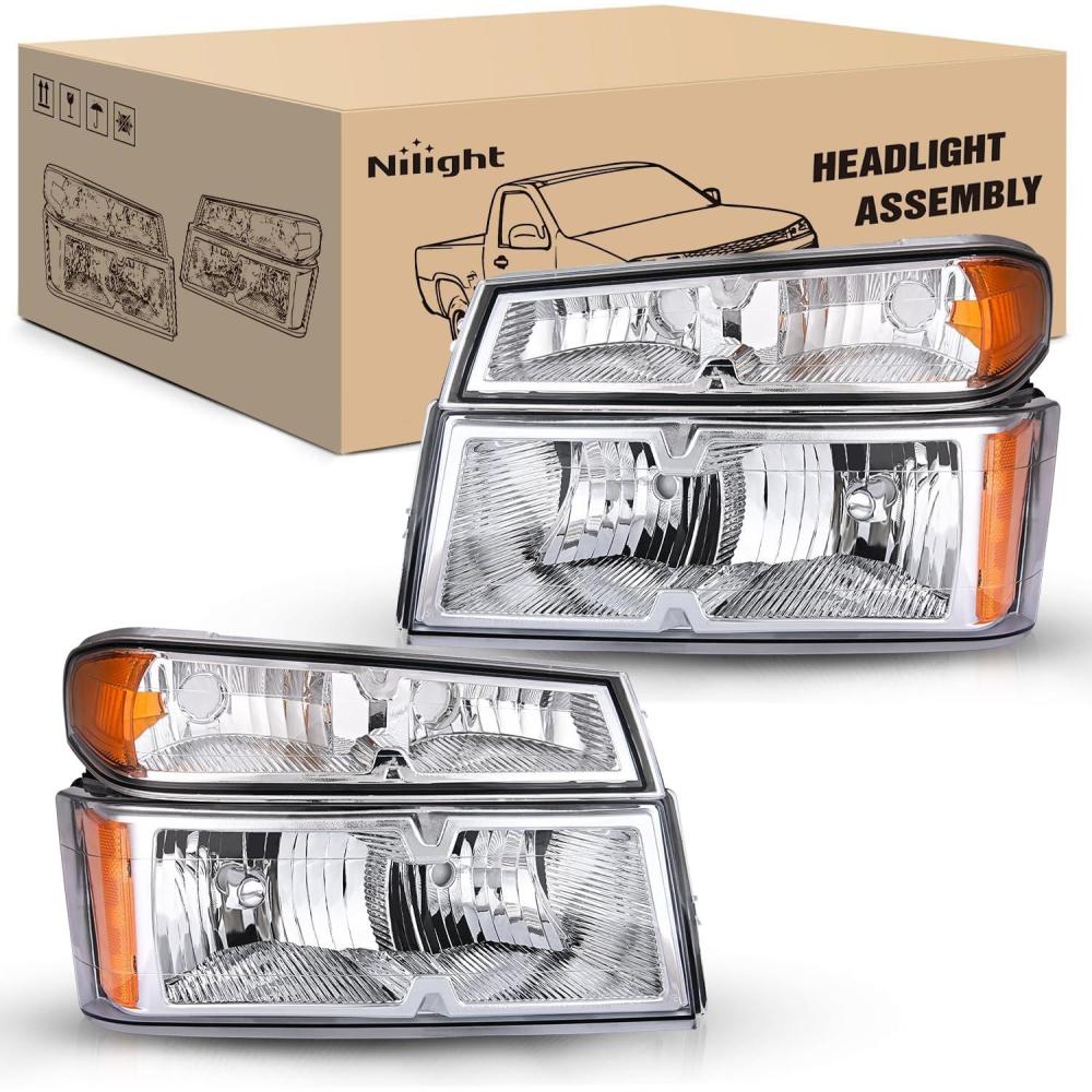 imageNilight Headlight and Taillight Assembly Combo Compatible with 2004 2005 2006 2007 2008 2009 2010 2011 2012 Chevy Colorado GMC Canyon OE Style Black Housing Amber Reflector with Red Tail LightChrome Housing  Amber Reflector