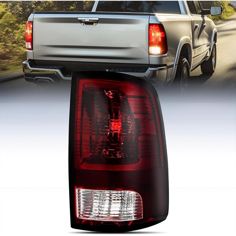 imageNilight Headlight and Taillight Assembly Combo Compatible with 2009 2010 2011 2012 2013 2014 2015 2016 2017 2018 Dodge Ram for Quad Models Chrome Housing Amber Reflector with Red Housing Tail LightDark RedPassenger Side