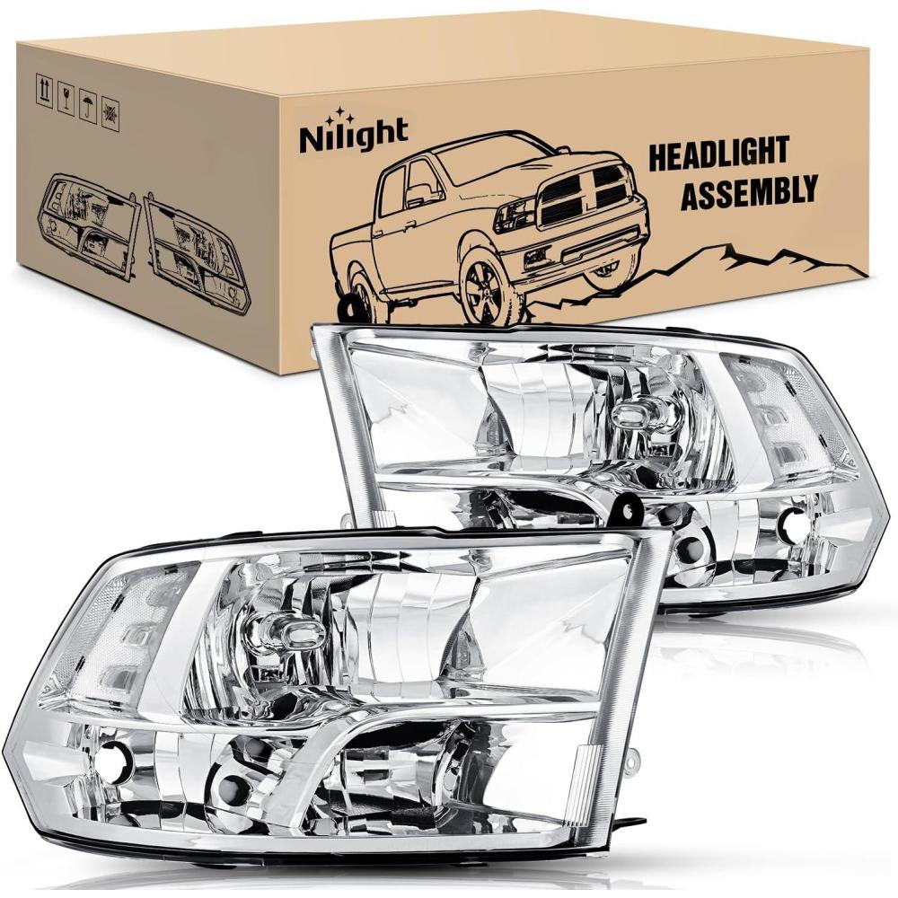 imageNilight Headlight and Taillight Assembly Combo Compatible with 2009 2010 2011 2012 2013 2014 2015 2016 2017 2018 Dodge Ram for Quad Models Chrome Housing Amber Reflector with Red Housing Tail LightChrome Housing Clear Reflector