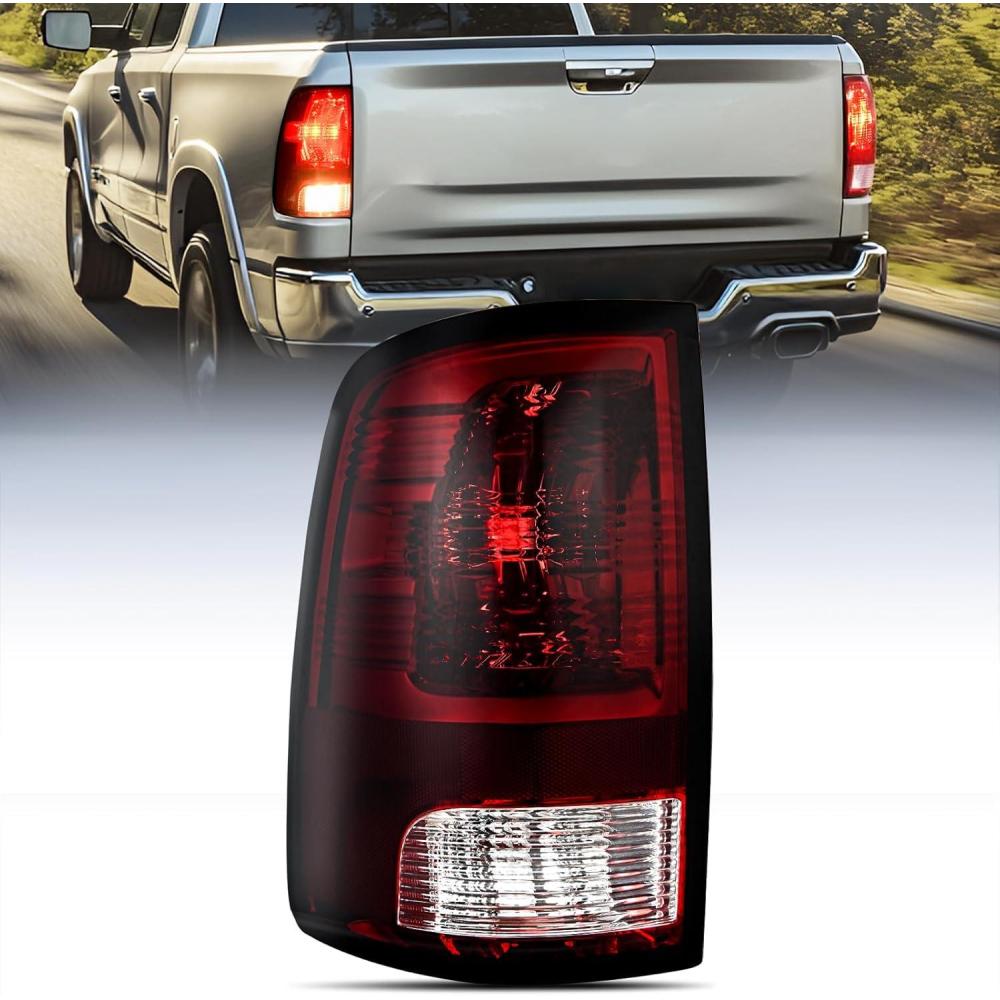 imageNilight Headlight and Taillight Assembly Combo Compatible with 2009 2010 2011 2012 2013 2014 2015 2016 2017 2018 Dodge Ram for Quad Models Chrome Housing Amber Reflector with Red Housing Tail LightDark RedDriver Side