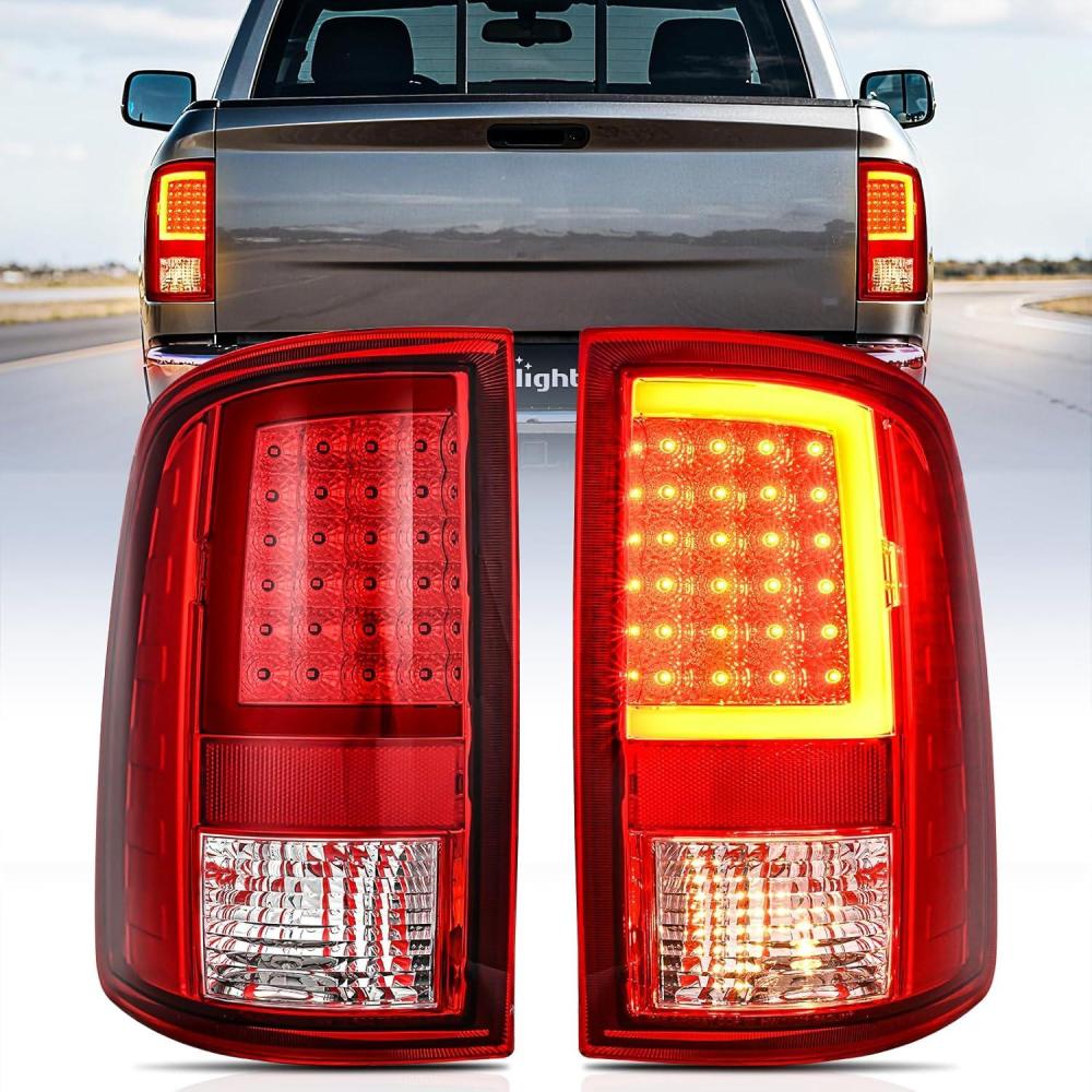 imageNilight Headlight and Taillight Assembly Combo Compatible with 2009 2010 2011 2012 2013 2014 2015 2016 2017 2018 Dodge Ram for Quad Models Chrome Housing Amber Reflector with Red Housing Tail LightLED RedC Shape