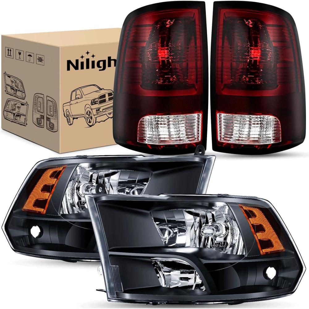 imageNilight Headlight and Taillight Assembly Combo Compatible with 2009 2010 2011 2012 2013 2014 2015 2016 2017 2018 Dodge Ram for Quad Models Chrome Housing Amber Reflector with Red Housing Tail LightBlack Housing  Amber Reflector wTaillight