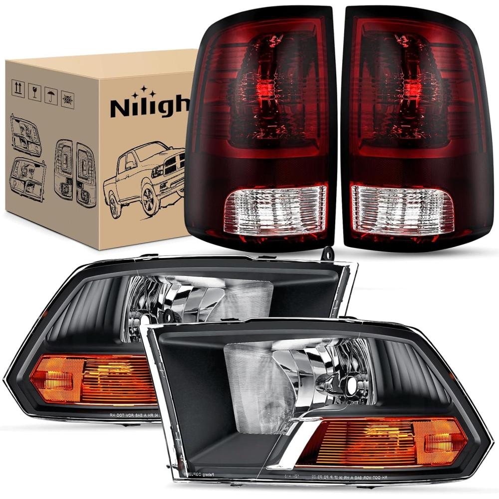 imageNilight Headlight and Taillight Assembly Combo Compatible with 2009 2010 2011 2012 Dodge Ram 1500 2500 3500 OE Style Chrome Housing Amber Reflector with Red Housing Tail LightsBlack Housing  Amber Reflector wTailight