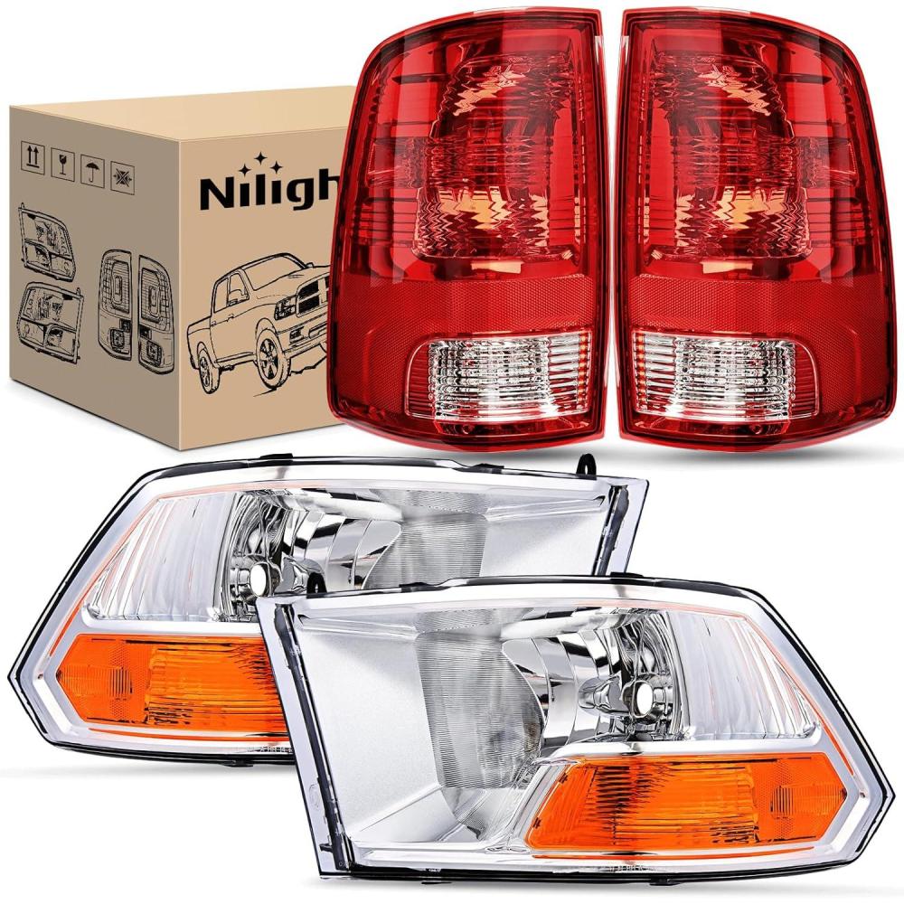 imageNilight Headlight and Taillight Assembly Combo Compatible with 2009 2010 2011 2012 Dodge Ram 1500 2500 3500 OE Style Chrome Housing Amber Reflector with Red Housing Tail LightsChrome Housing  Amber Reflector wTailight